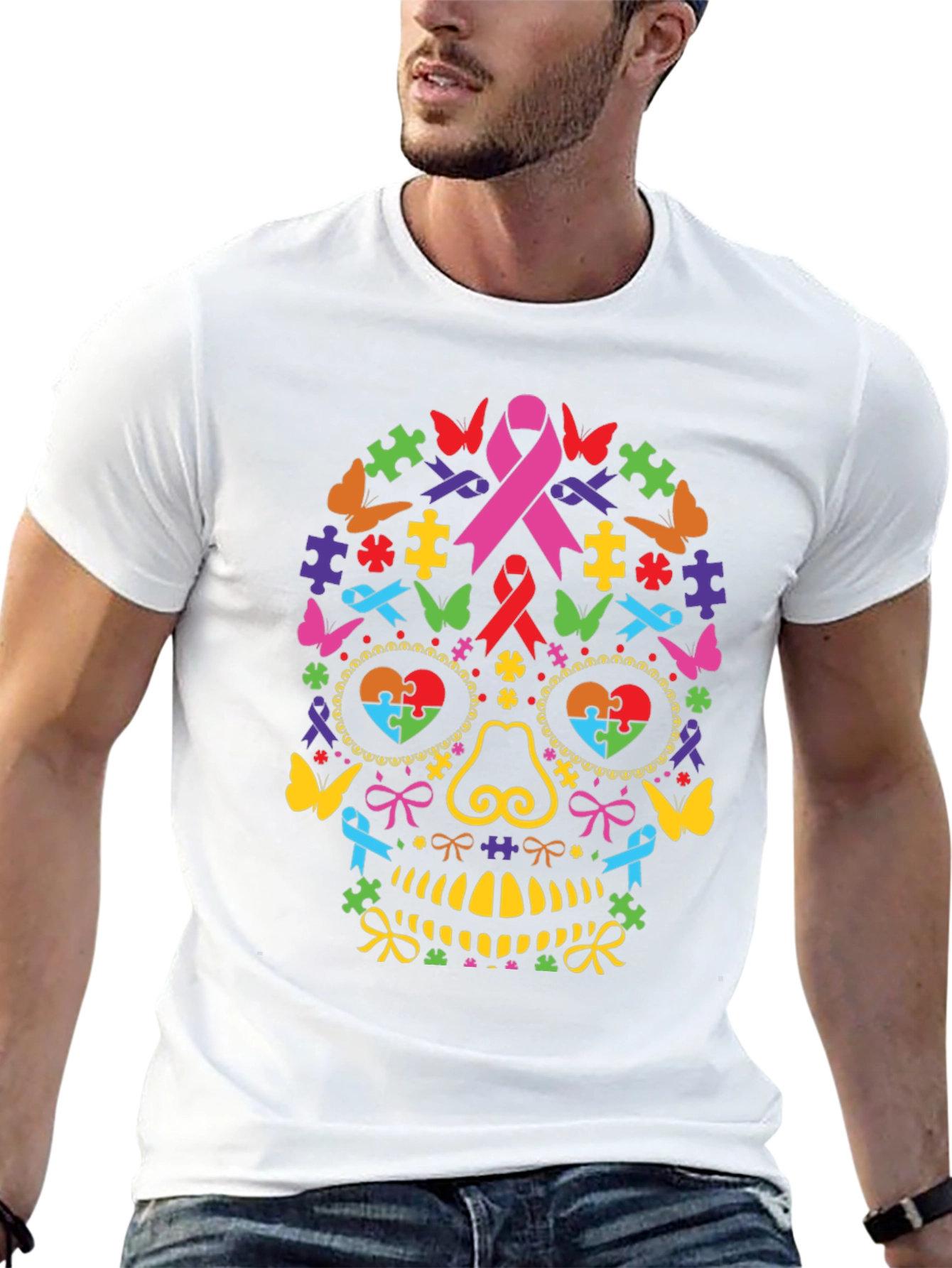 Autism Awareness Ribbon Sugar Skull Graphic Tee