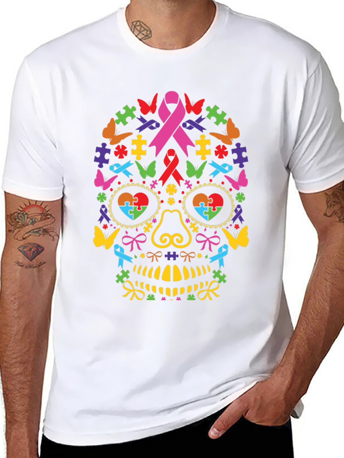 Autism Awareness Ribbon Sugar Skull Graphic Tee