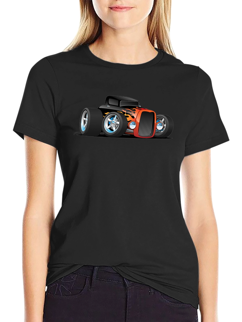Cartoon Hot Rod Car Graphic Black T-Shirt