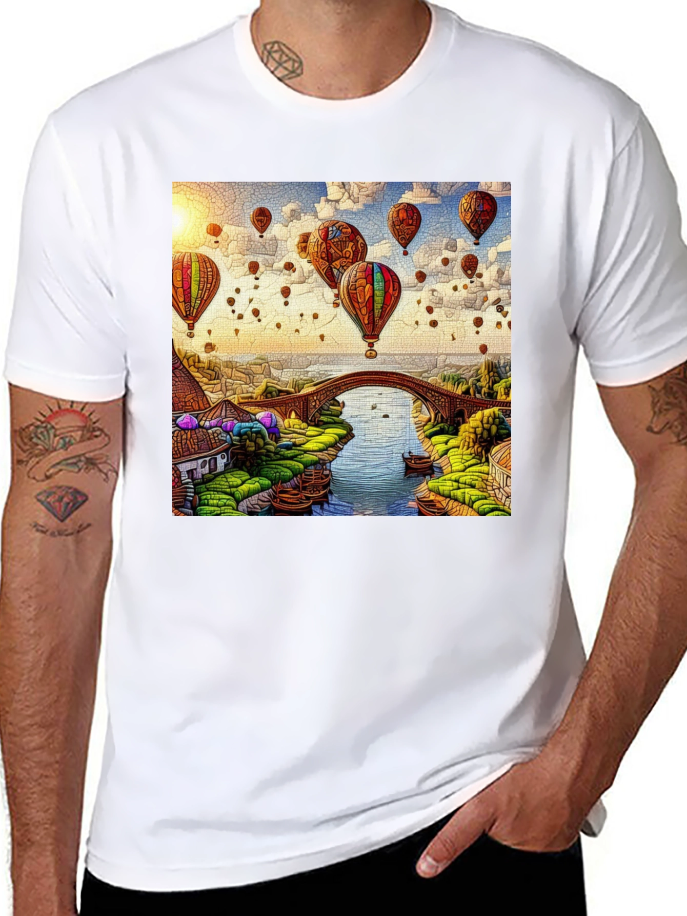 Balloon Bridge Graphic Tee - Artistic Mens T-Shirt
