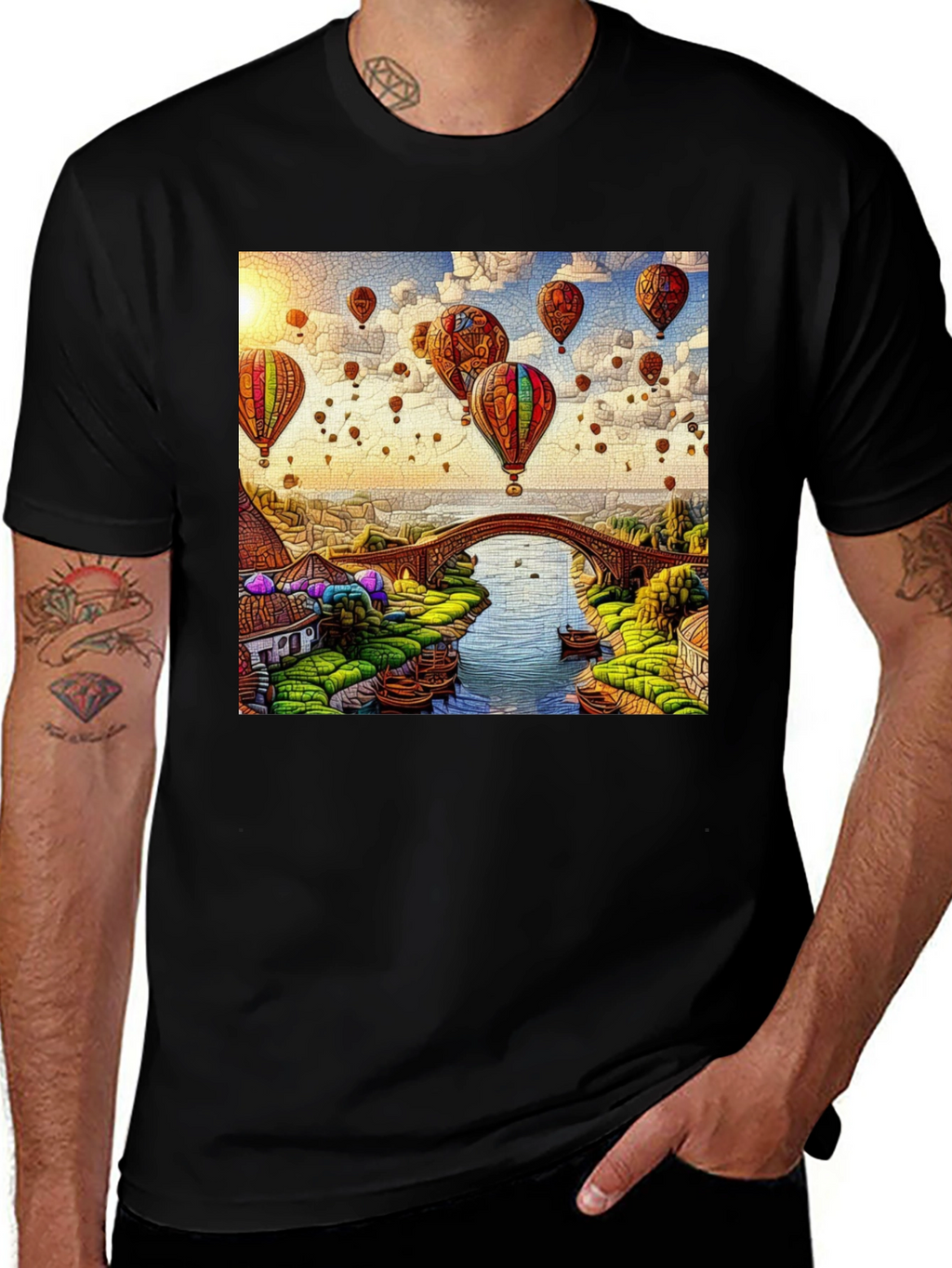 Balloon Bridge Graphic Tee - Artistic Mens T-Shirt