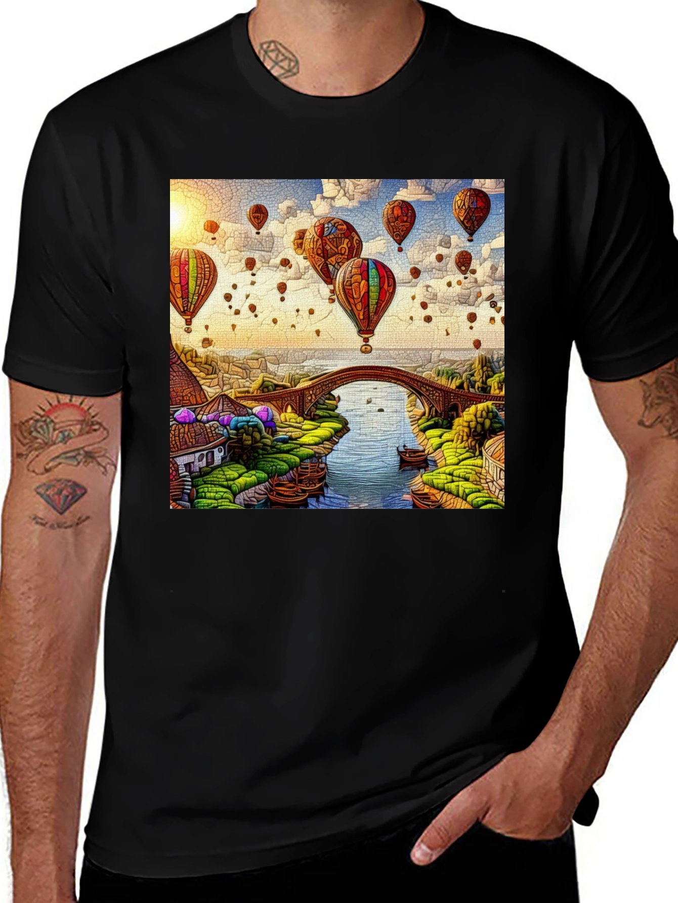 Balloon Bridge Graphic Tee - Artistic Mens T-Shirt