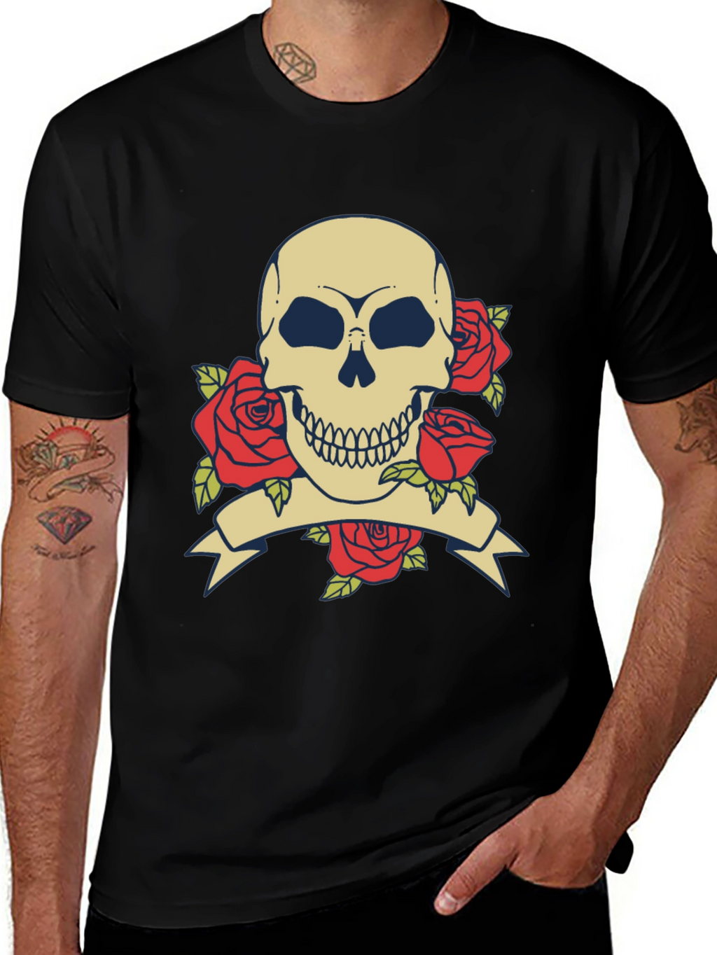 Skull & Roses Graphic Tee - Black Cotton T-Shirt