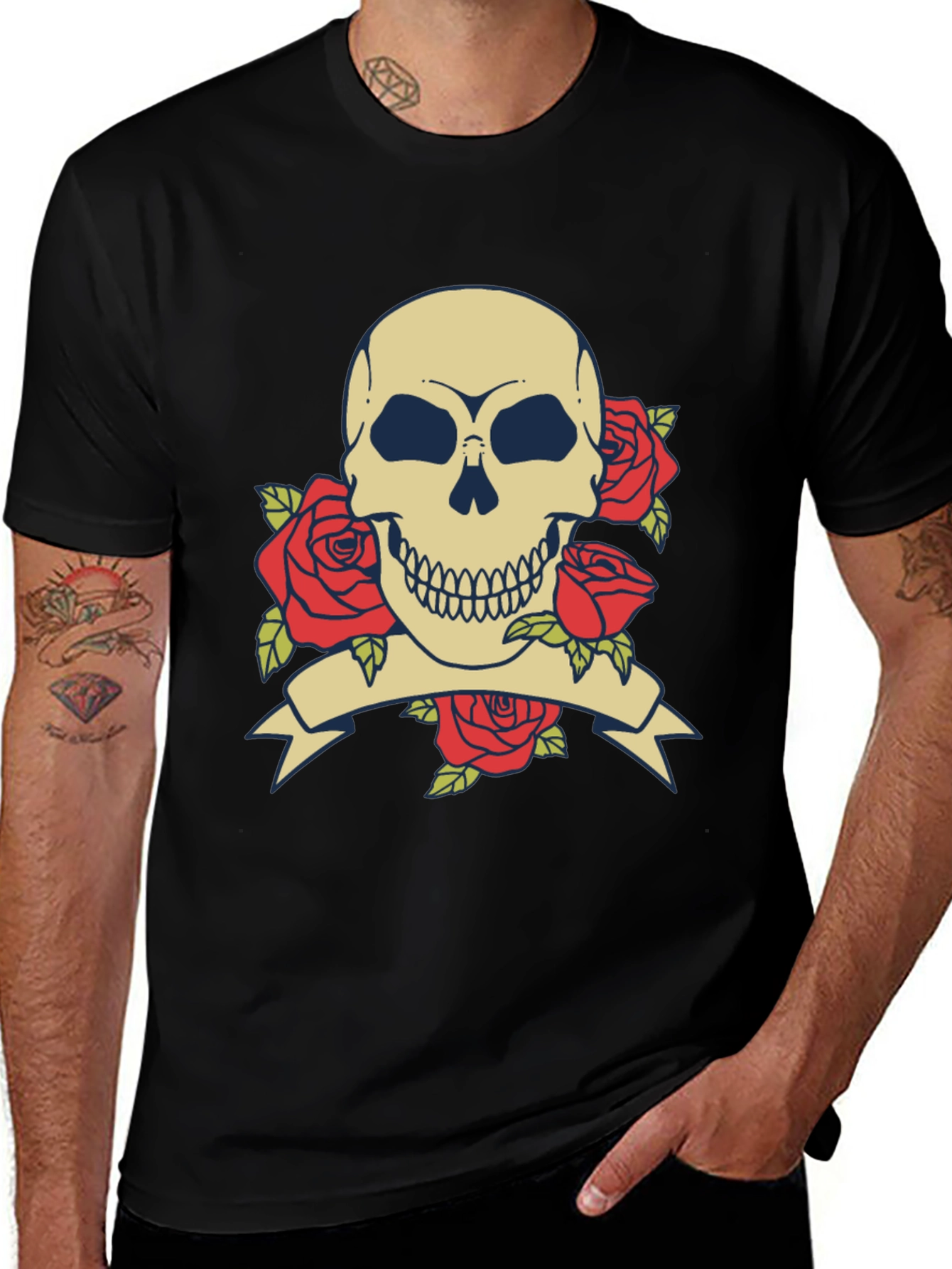 Skull & Roses Graphic Tee - Black Cotton T-Shirt