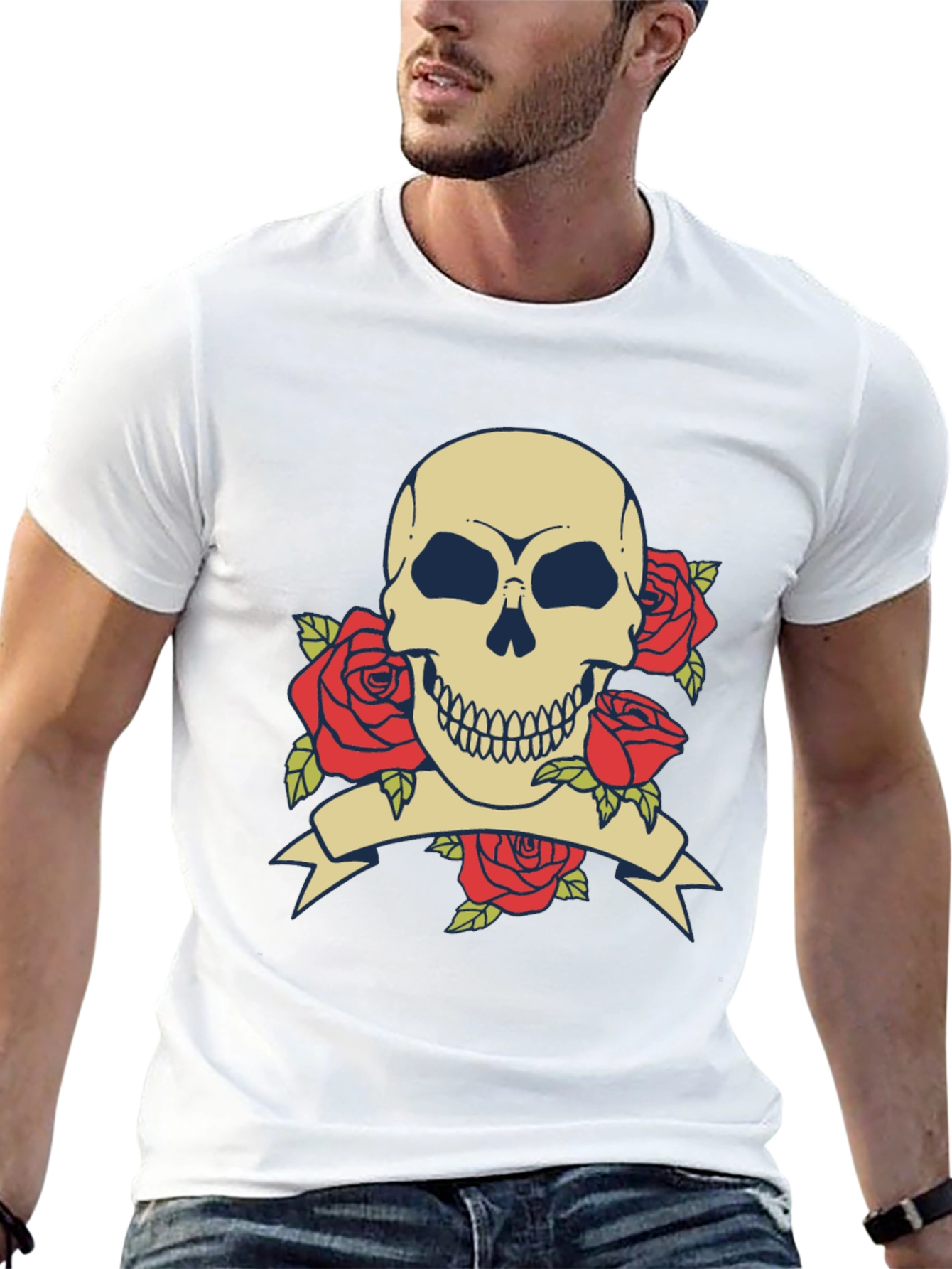 Skull & Roses Graphic Tee - Black Cotton T-Shirt