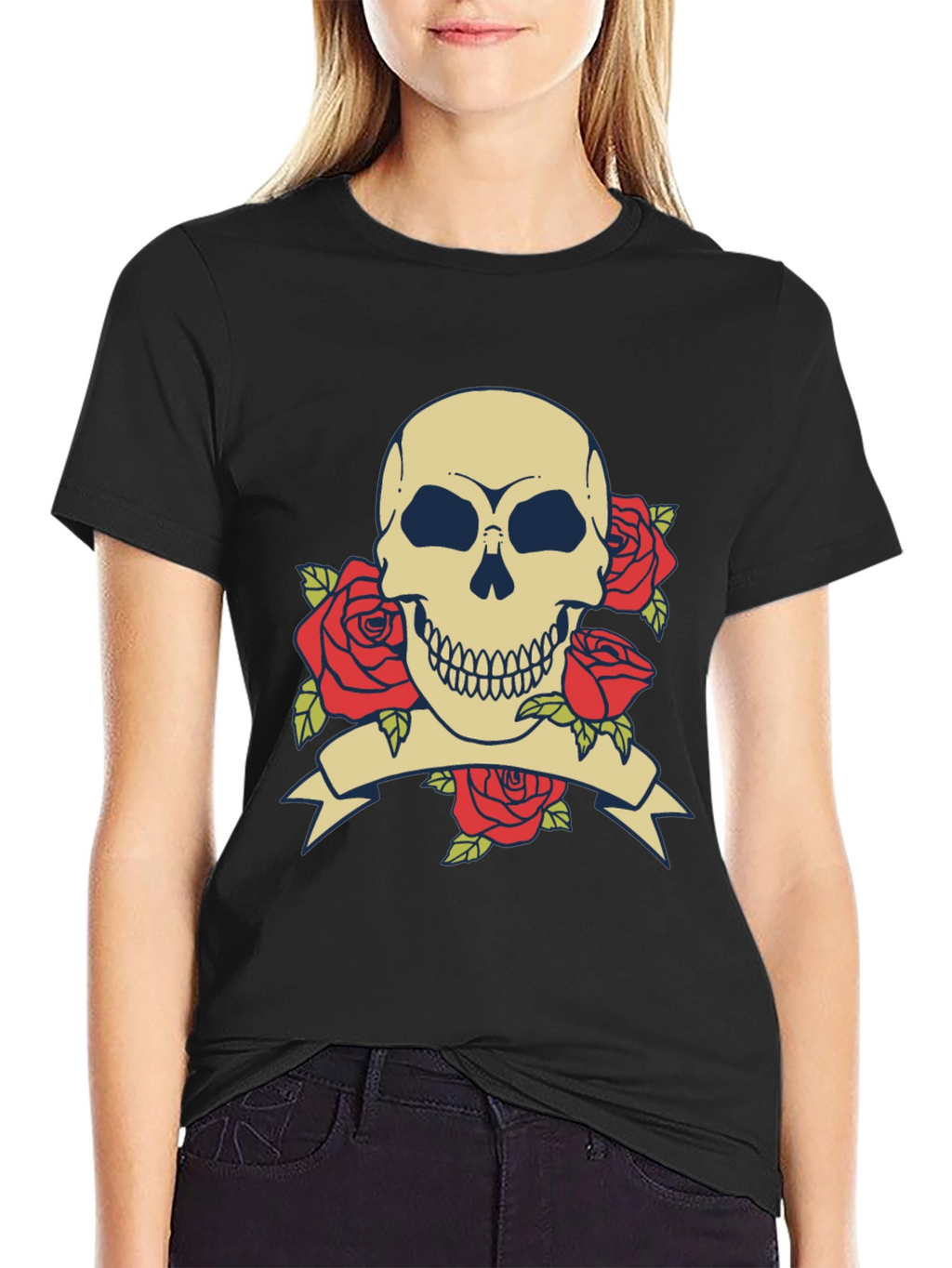 Skull & Roses Graphic Tee - Black Cotton T-Shirt
