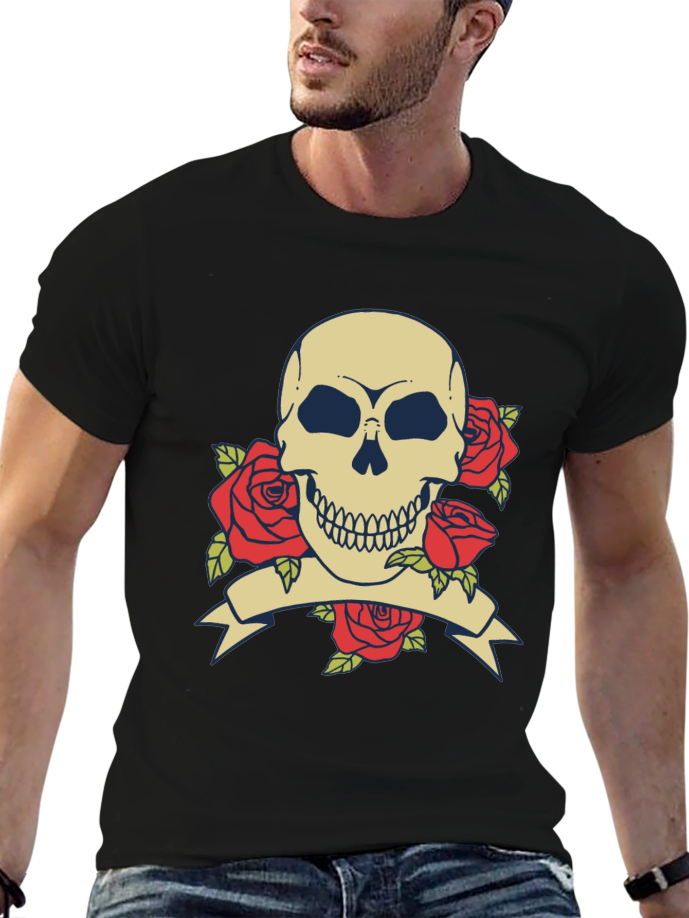 Skull & Roses Graphic Tee - Black Cotton T-Shirt