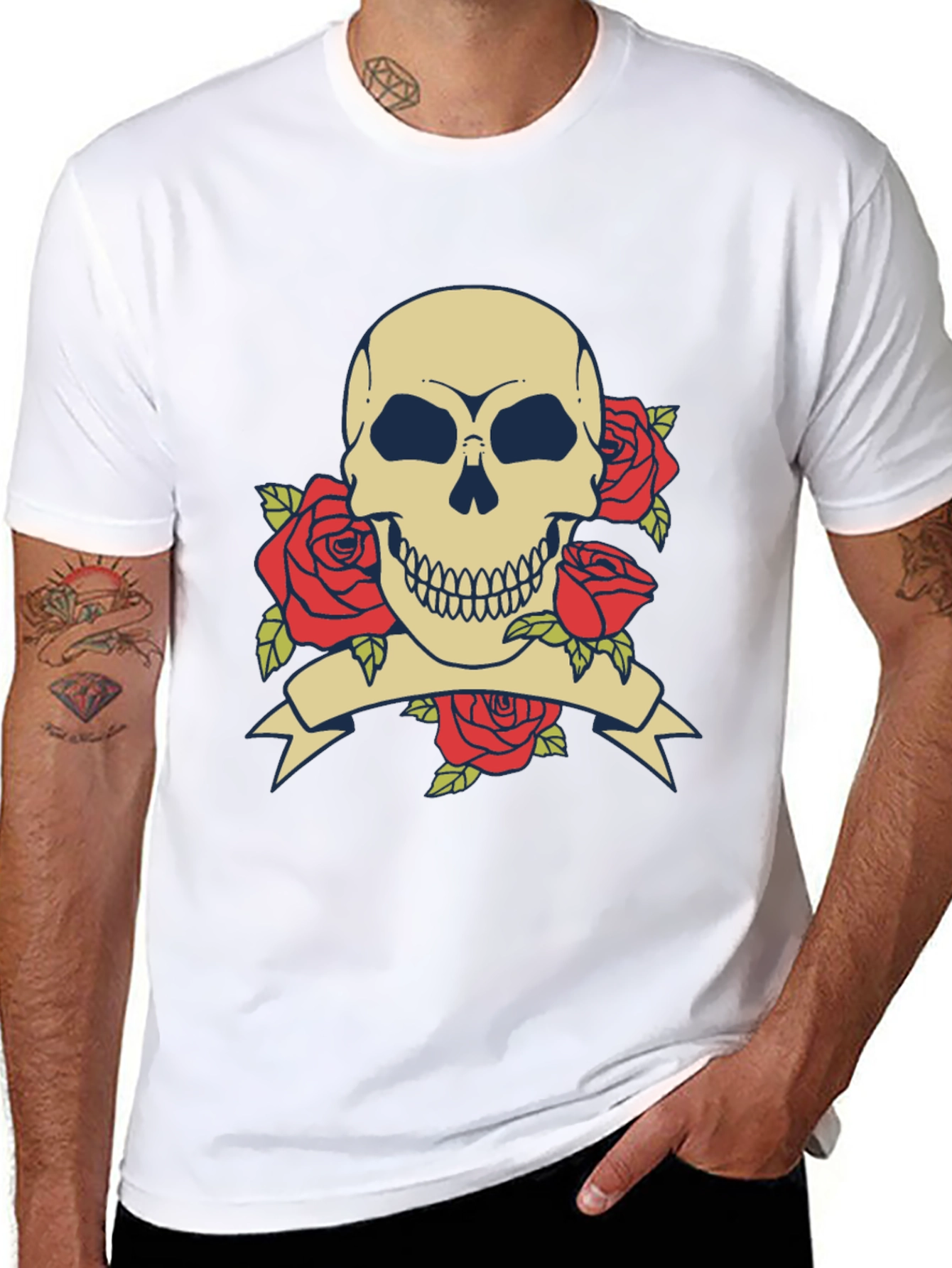 Skull & Roses Graphic Tee - Black Cotton T-Shirt