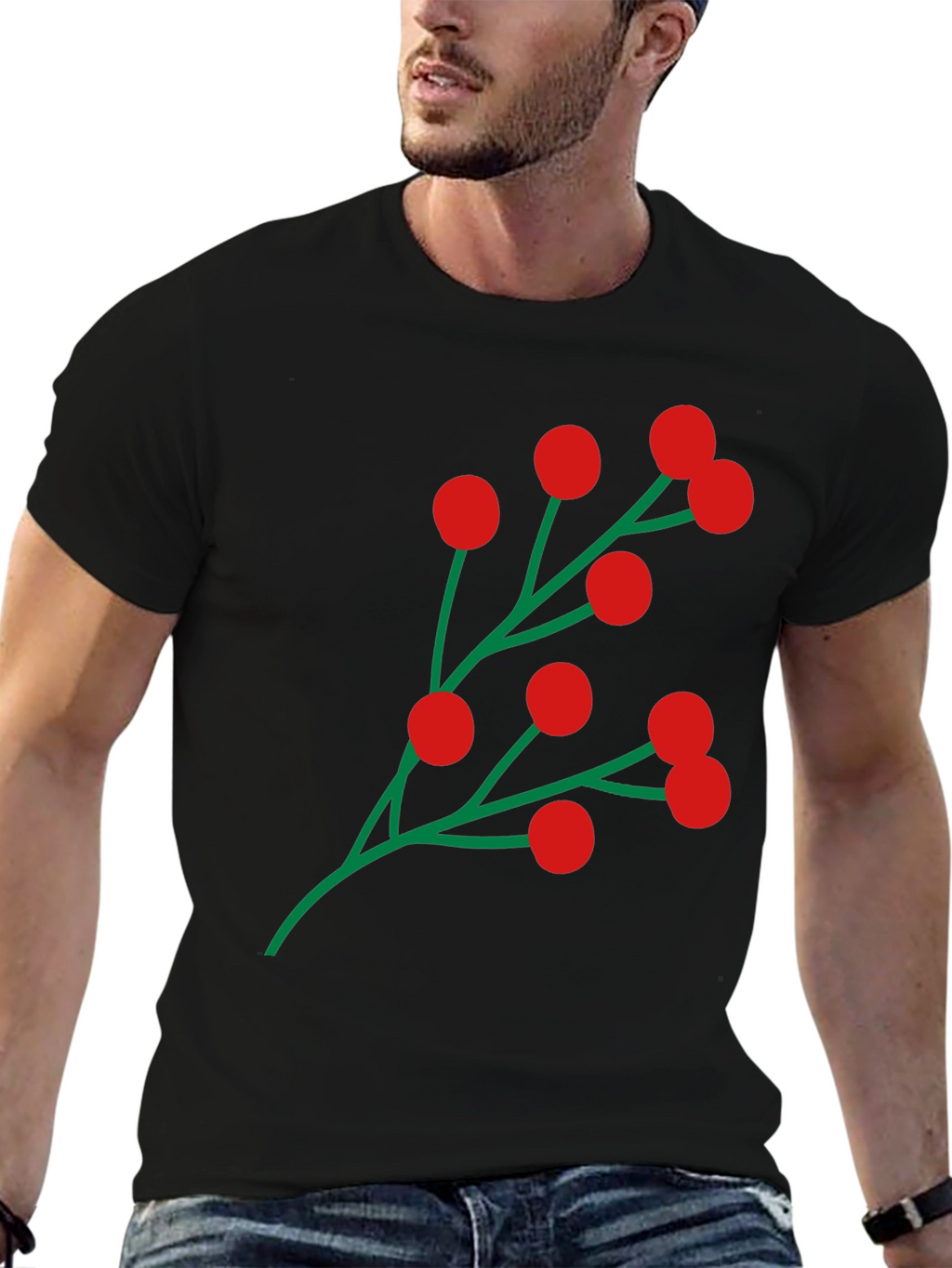 Holiday Berry Graphic Tee - Festive Black T-Shirt