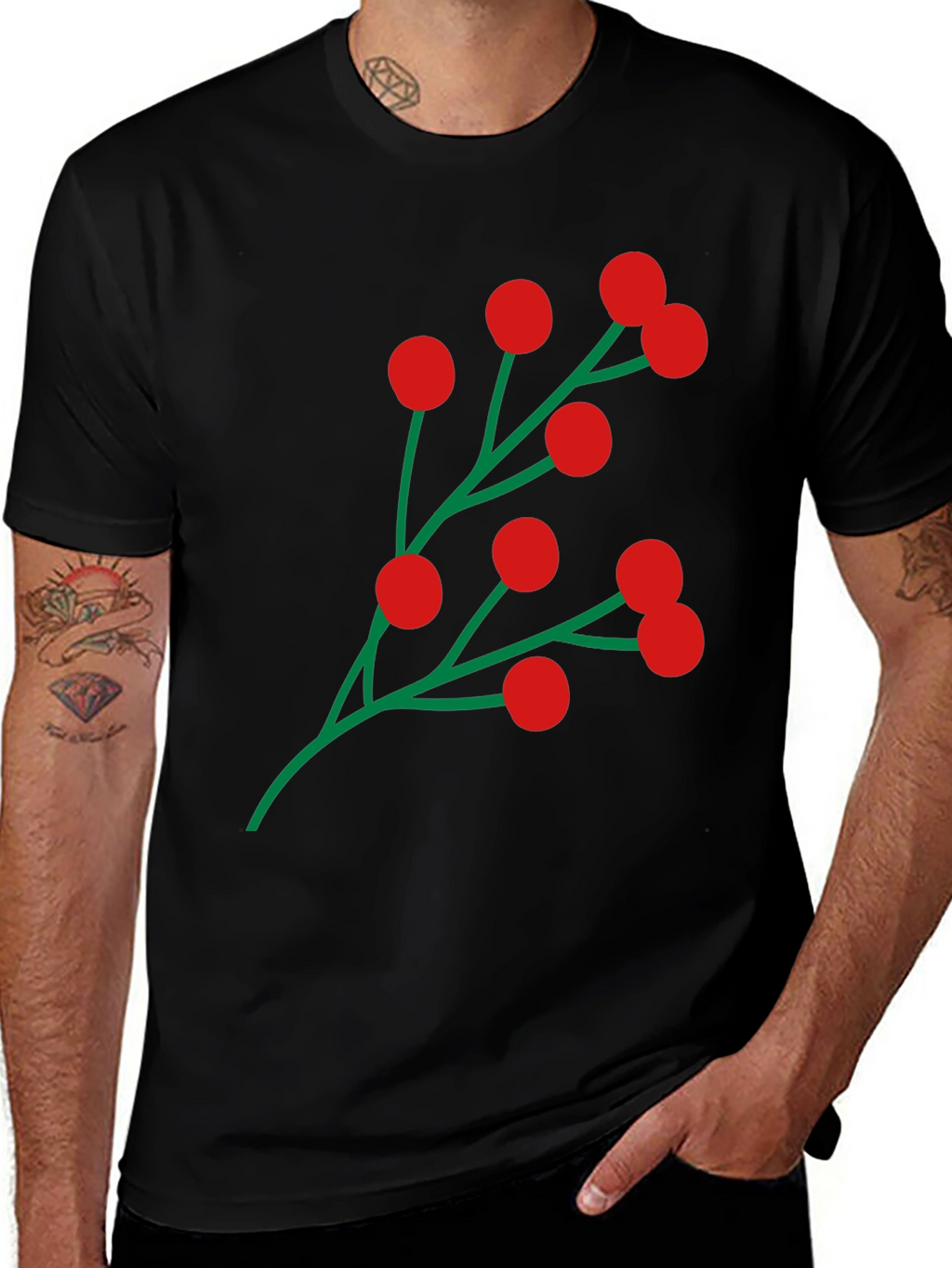 Holiday Berry Graphic Tee - Festive Black T-Shirt