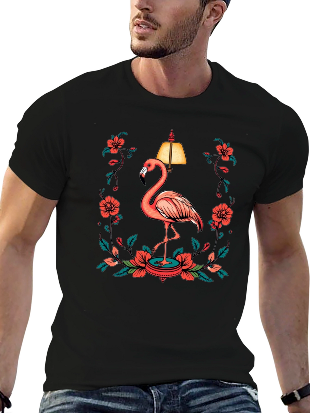 Black T-Shirt with Flamingo and Floral Lamp Graphic