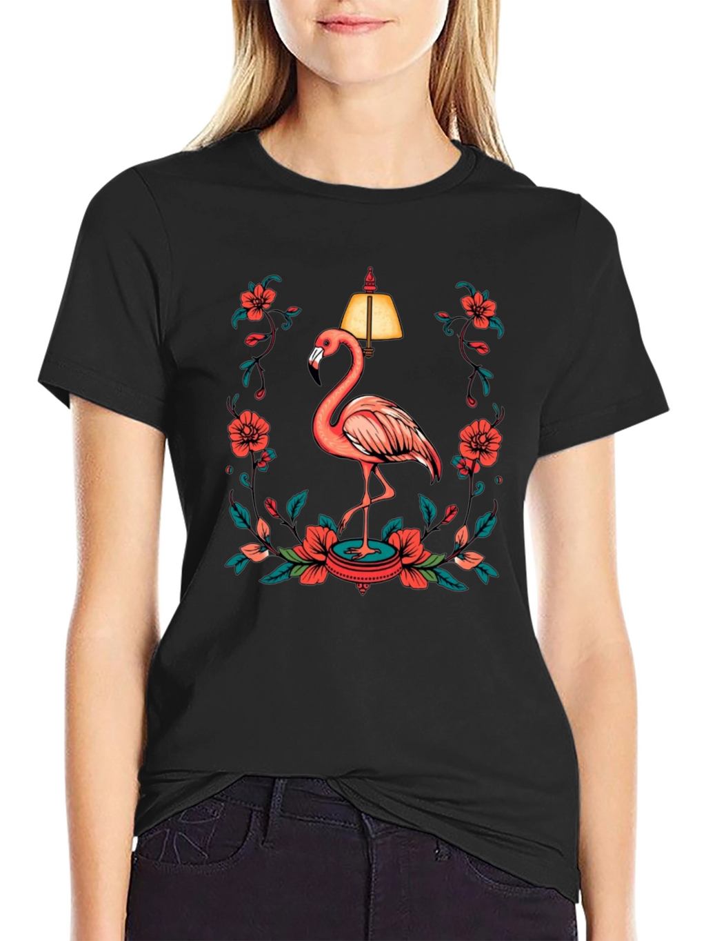 Black T-Shirt with Flamingo and Floral Lamp Graphic