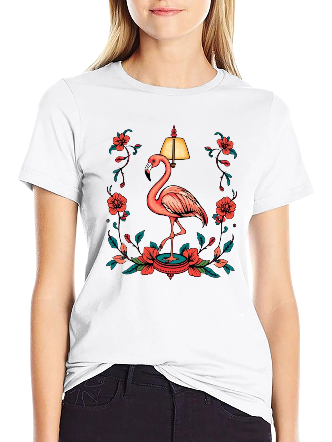 Black T-Shirt with Flamingo and Floral Lamp Graphic