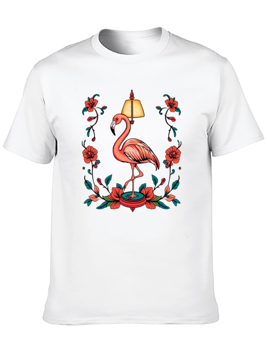 Black T-Shirt with Flamingo and Floral Lamp Graphic