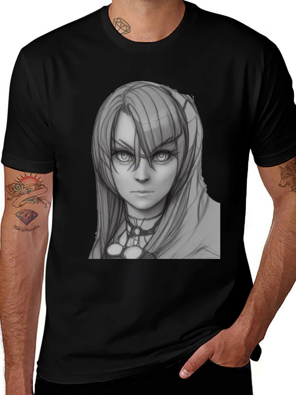 Anime Girl Sketch Black T-Shirt