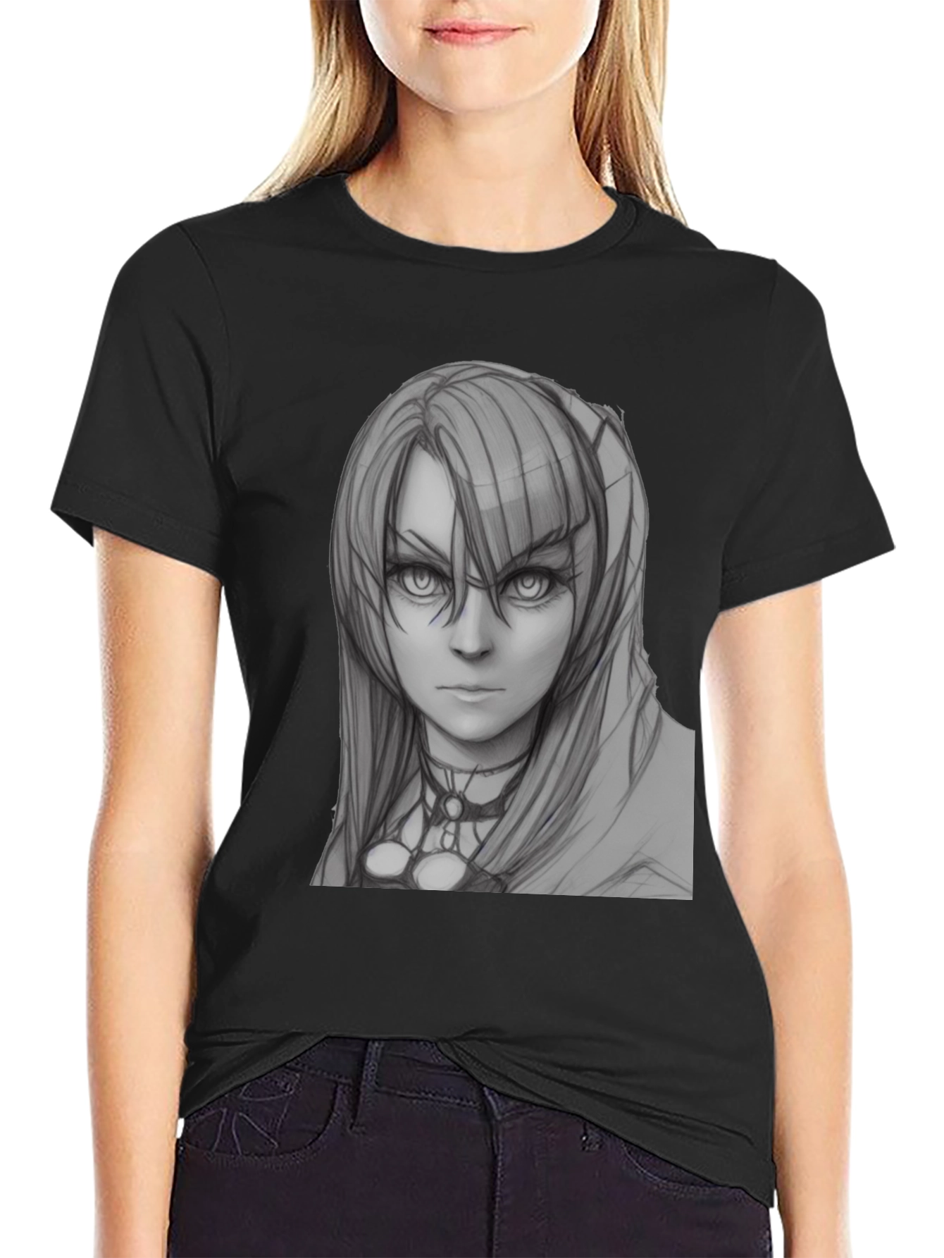 Anime Girl Sketch Black T-Shirt
