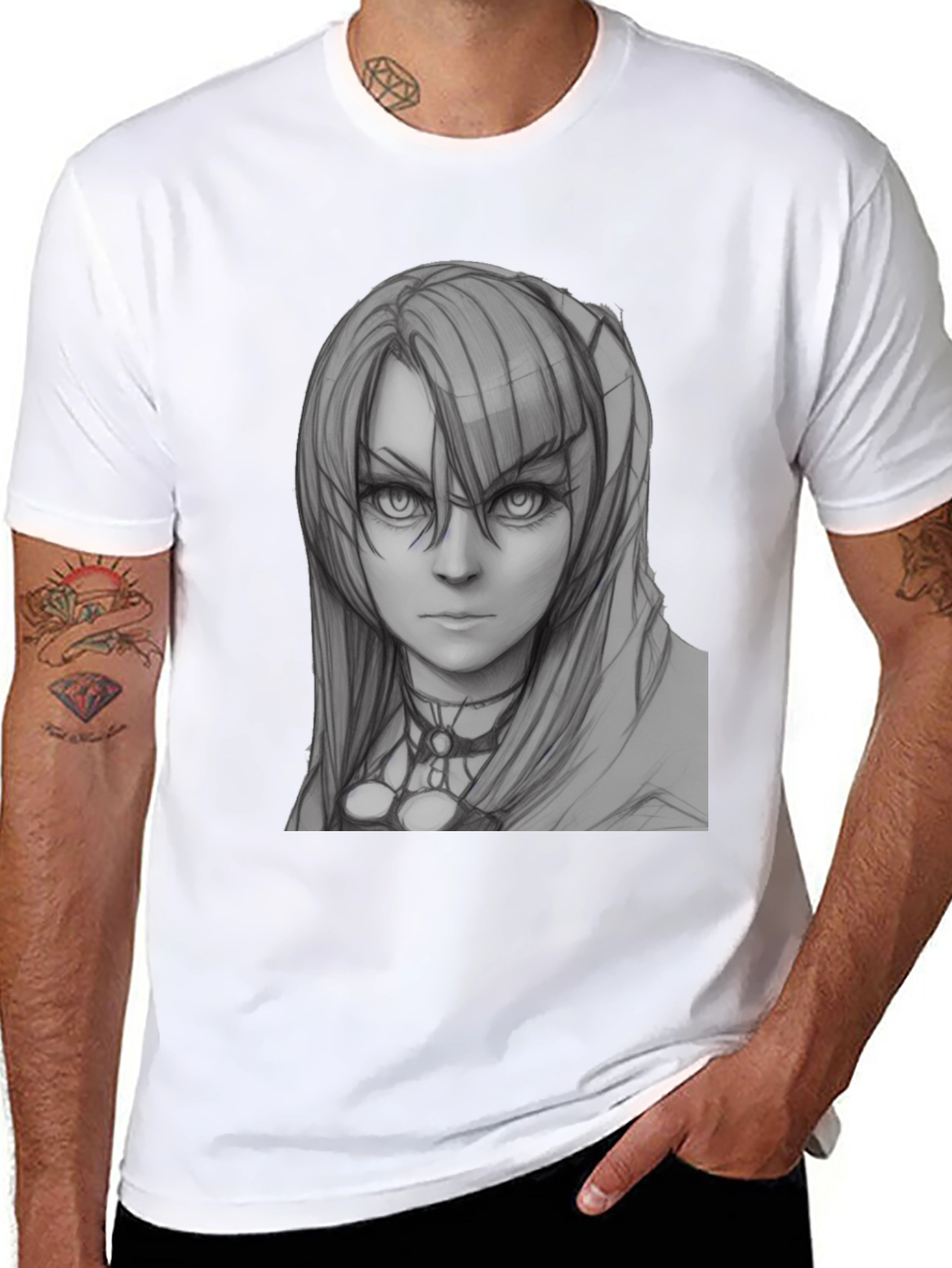 Anime Girl Sketch Black T-Shirt