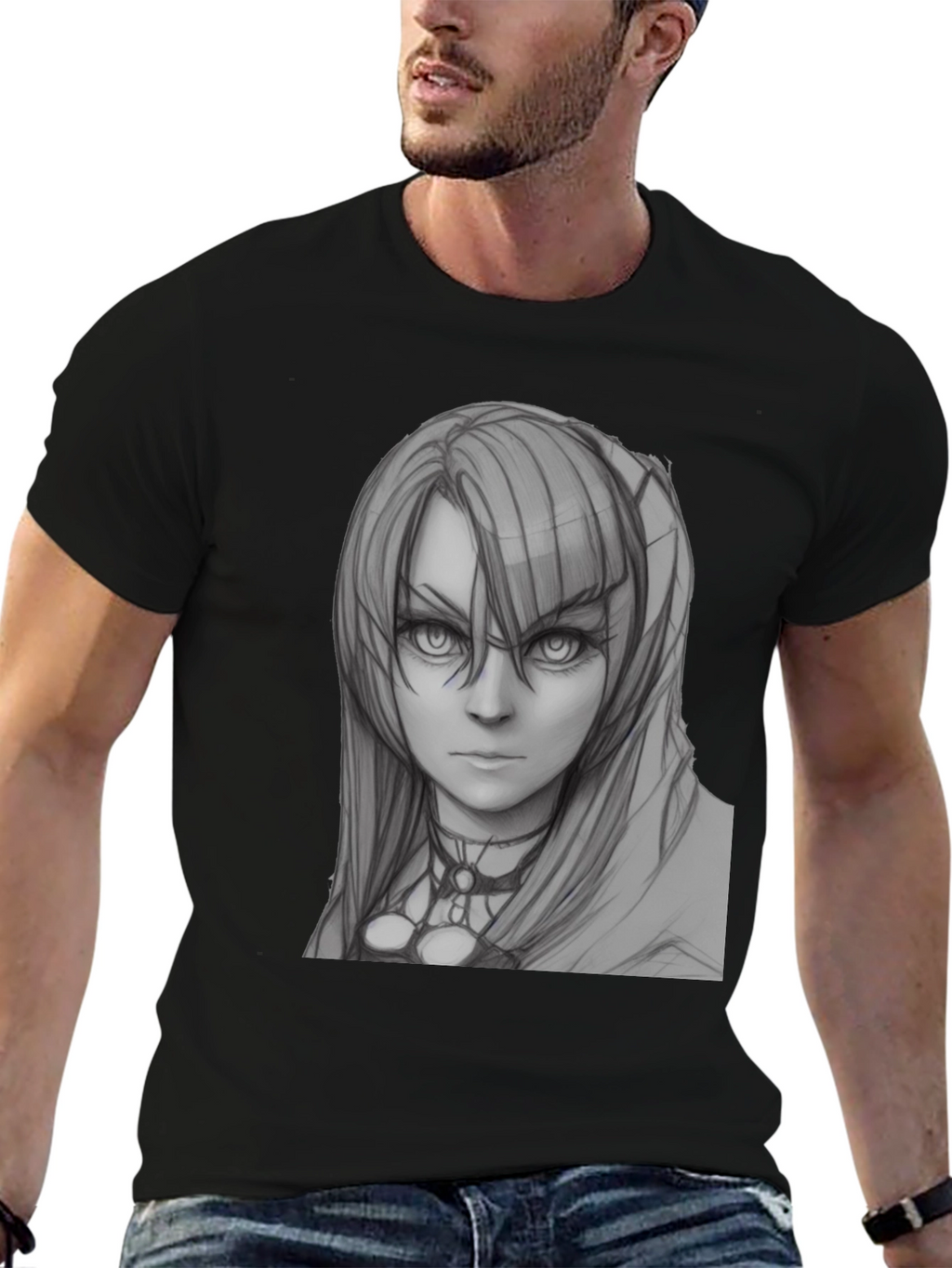 Anime Girl Sketch Black T-Shirt