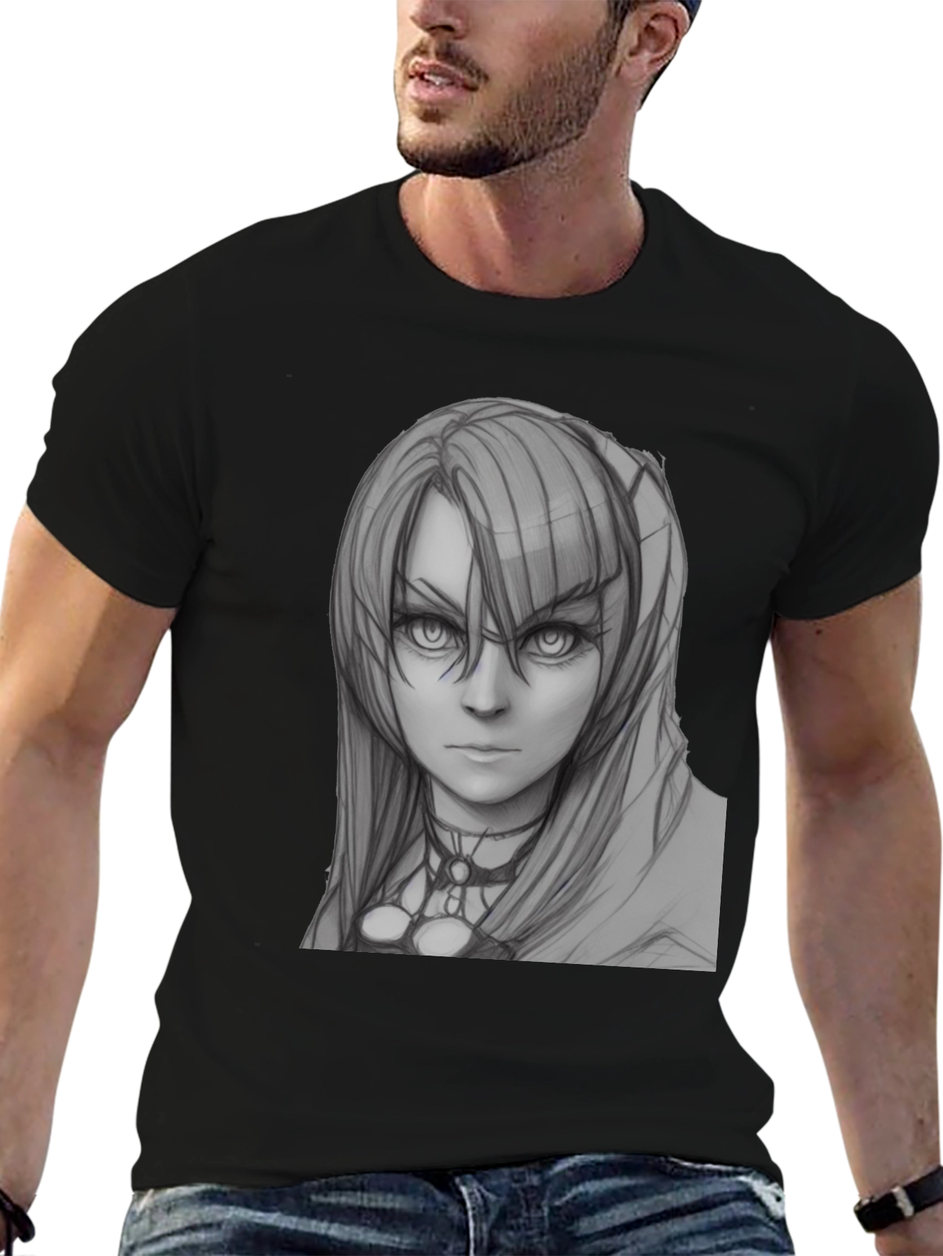 Anime Girl Sketch Black T-Shirt