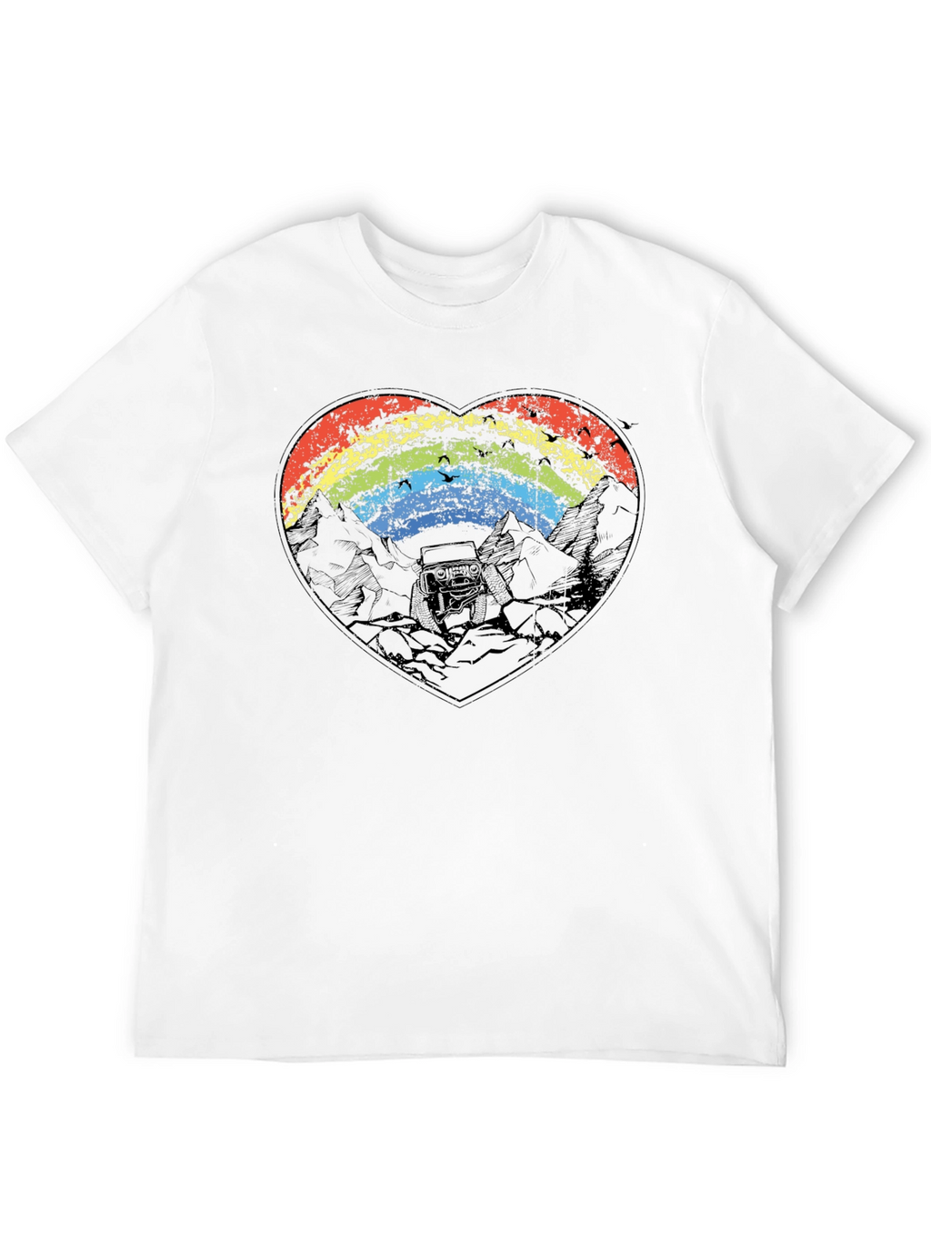 Rainbow Heart Mountain Scene Black T-Shirt