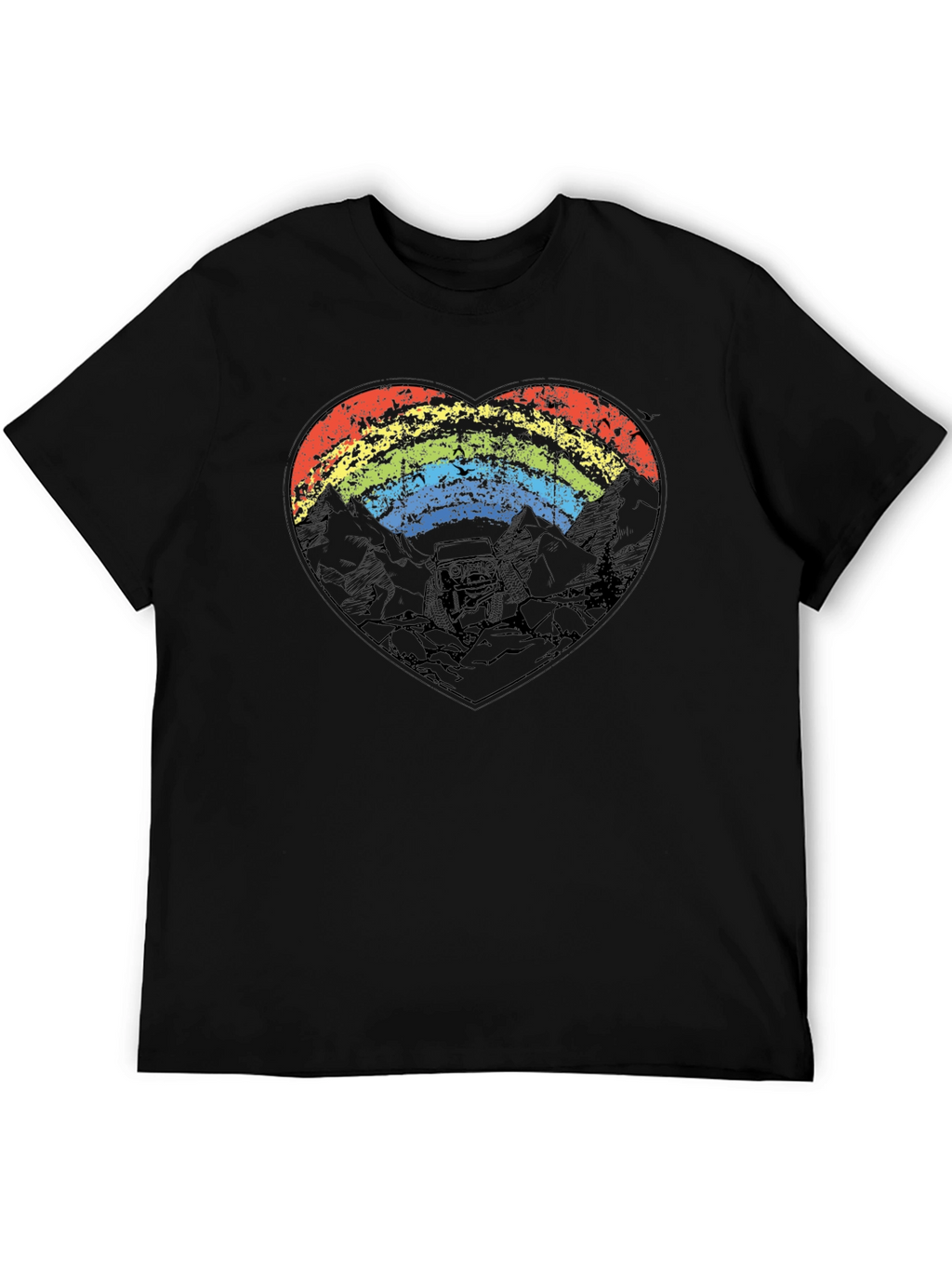 Rainbow Heart Mountain Scene Black T-Shirt