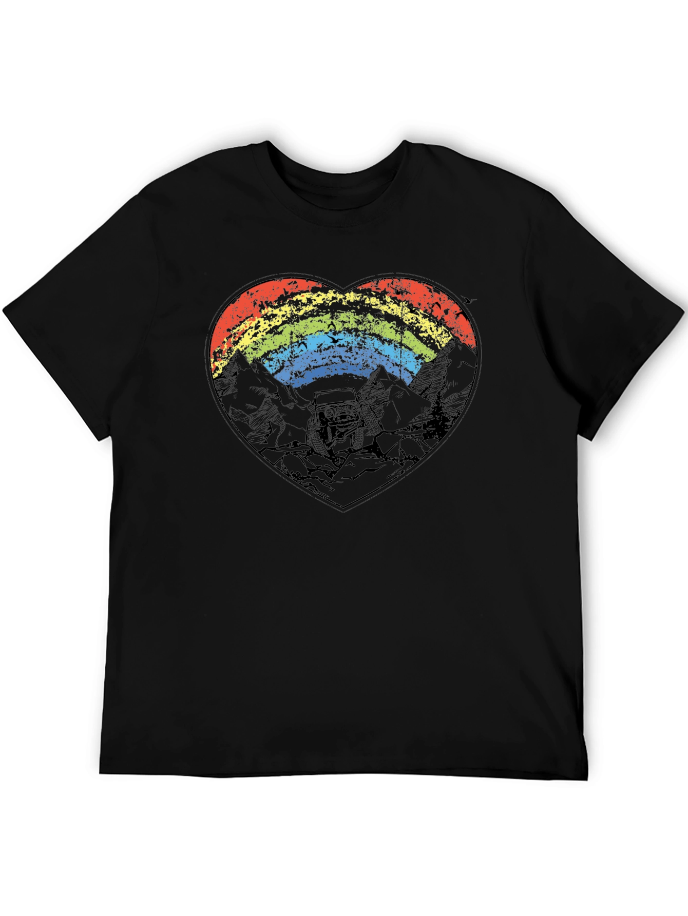 Rainbow Heart Mountain Scene Black T-Shirt