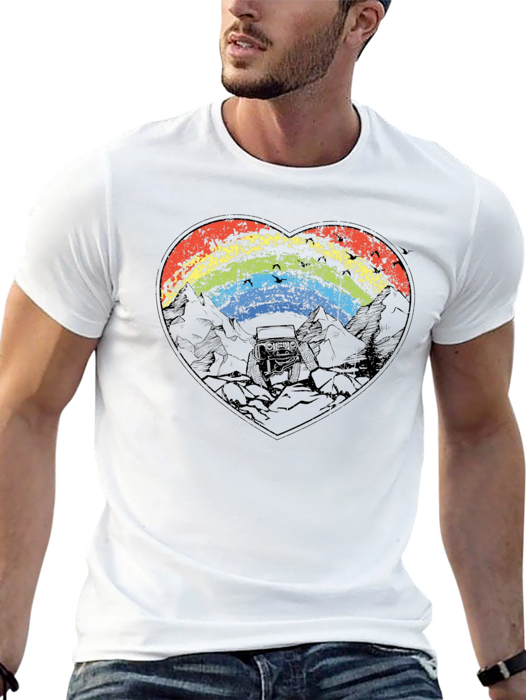 Rainbow Heart Mountain Scene Black T-Shirt