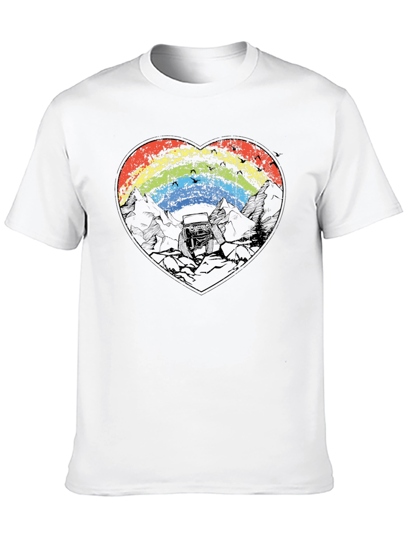 Rainbow Heart Mountain Scene Black T-Shirt