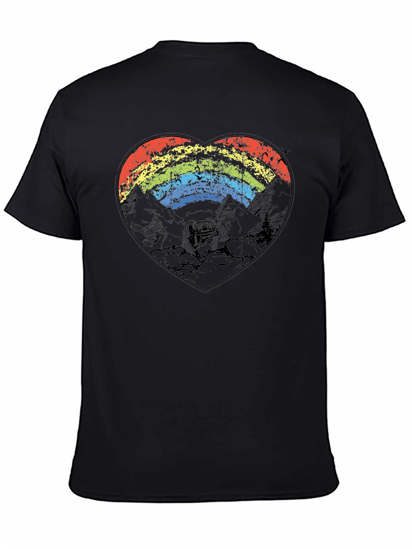 Rainbow Heart Mountain Scene Black T-Shirt