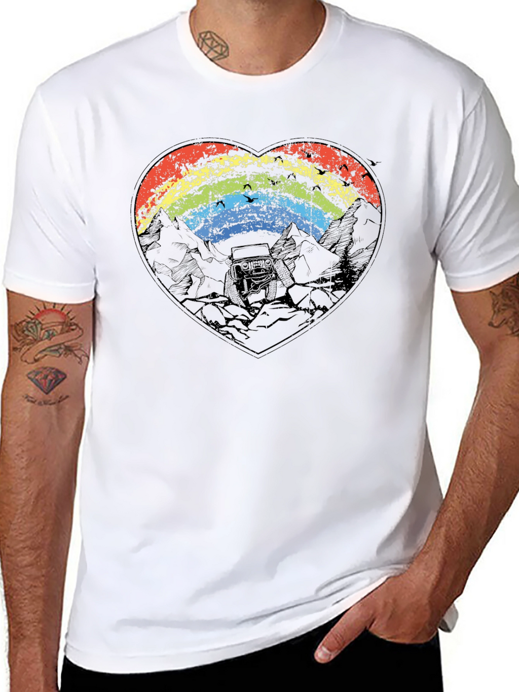 Rainbow Heart Mountain Scene Black T-Shirt