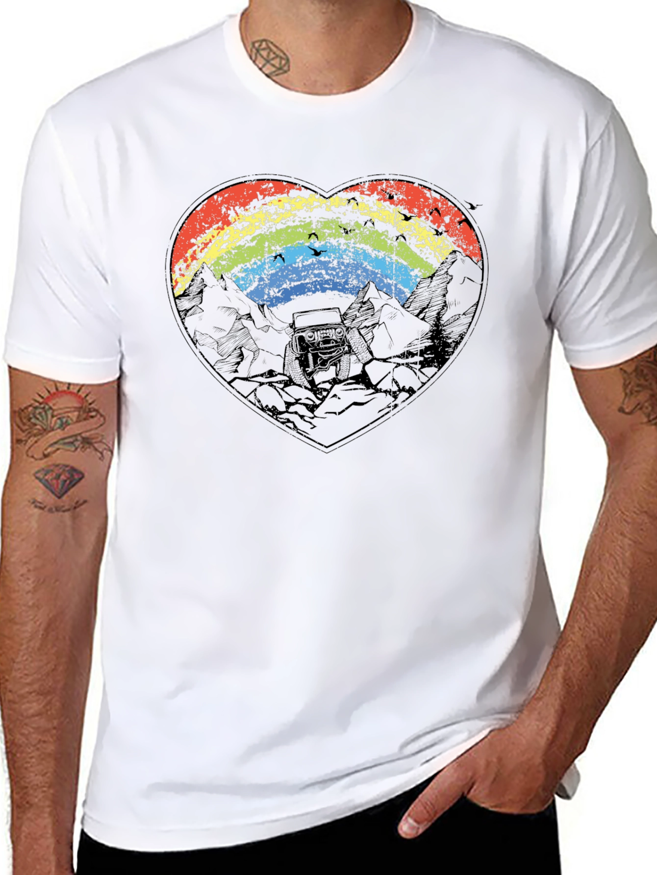 Rainbow Heart Mountain Scene Black T-Shirt