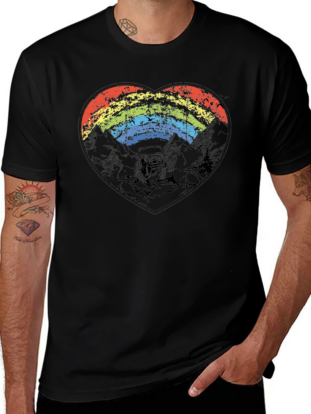 Rainbow Heart Mountain Scene Black T-Shirt