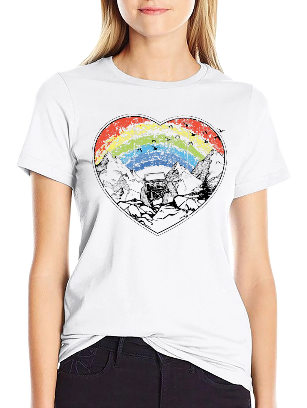 Rainbow Heart Mountain Scene Black T-Shirt