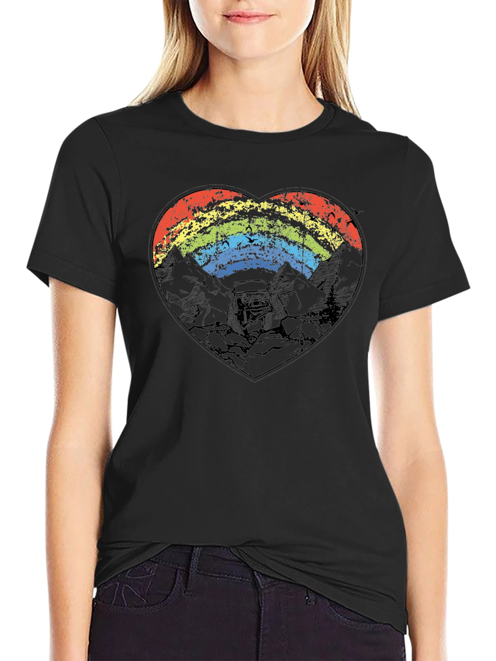 Rainbow Heart Mountain Scene Black T-Shirt