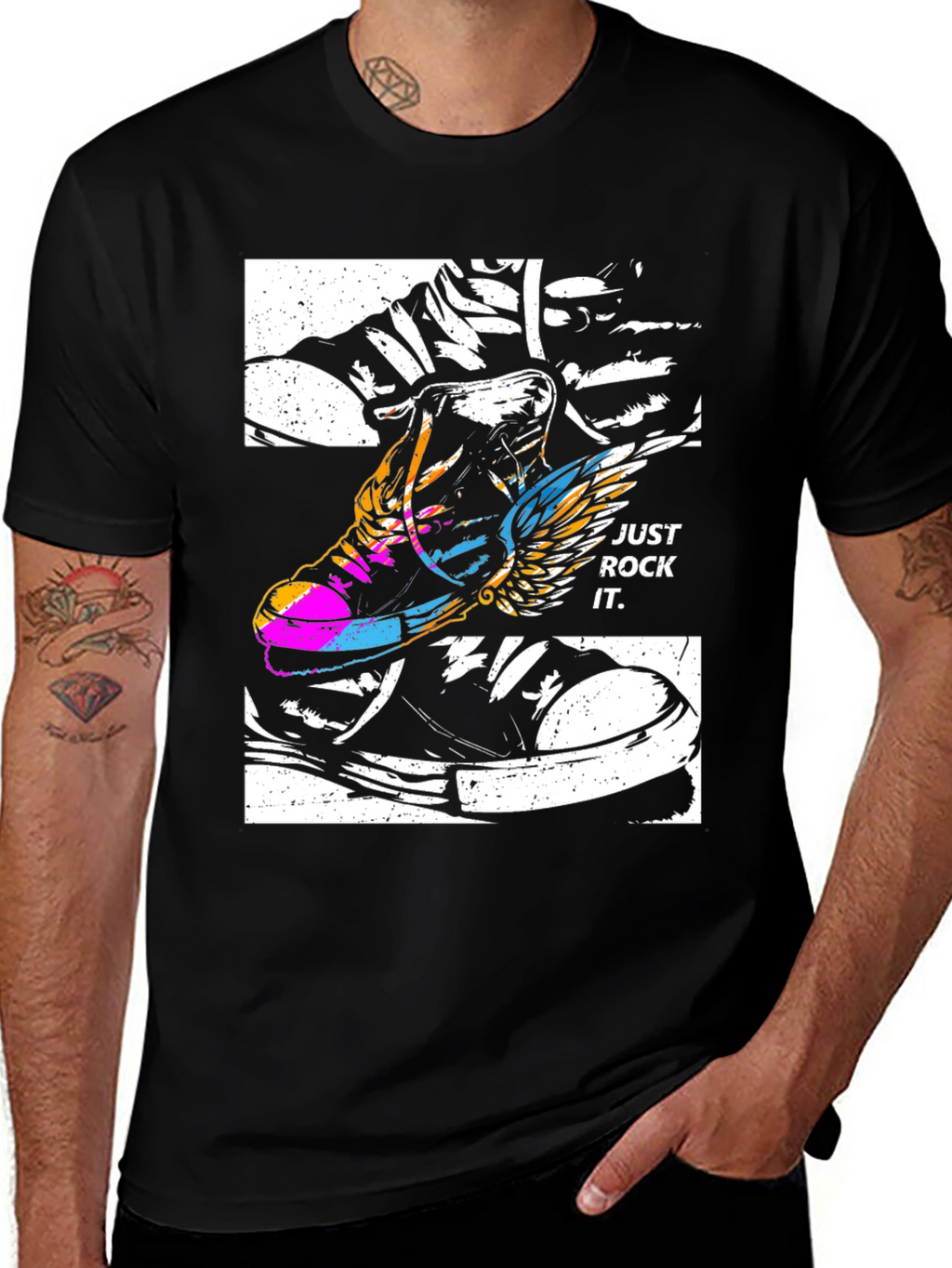 Just Rock It T-Shirt - Flying Sneaker Design
