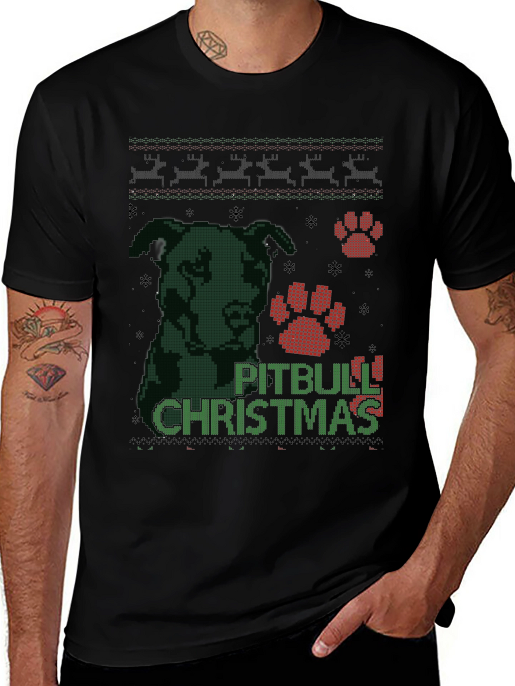 Pitbull Christmas Ugly Sweater Style T-Shirt