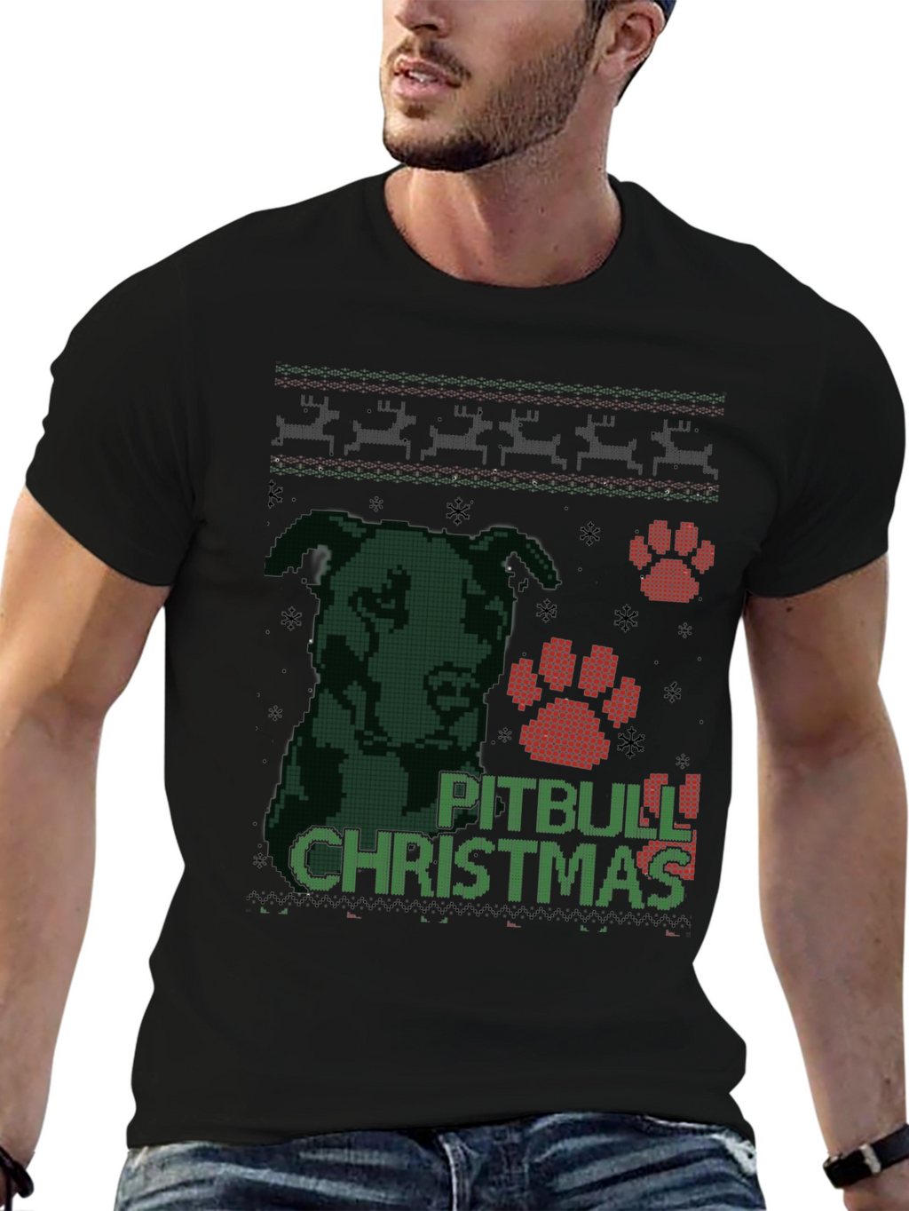 Pitbull Christmas Ugly Sweater Style T-Shirt