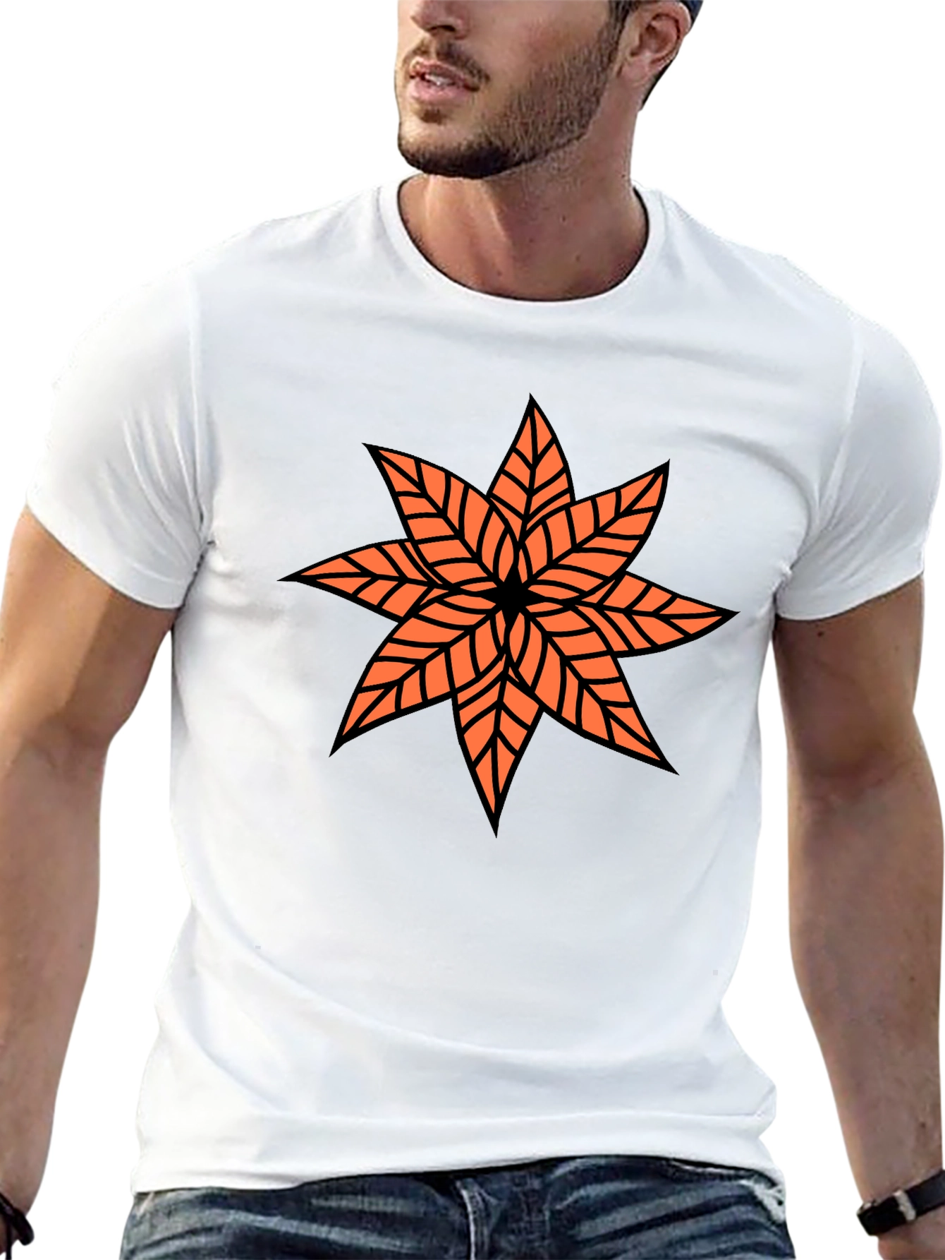 Black Graphic Tee - Orange Floral Star Design