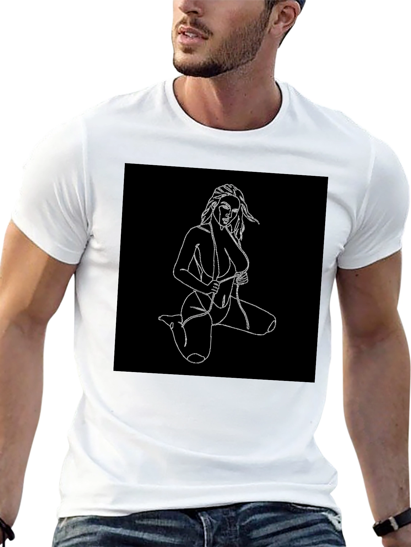 Black T-Shirt with Line Art Woman Design