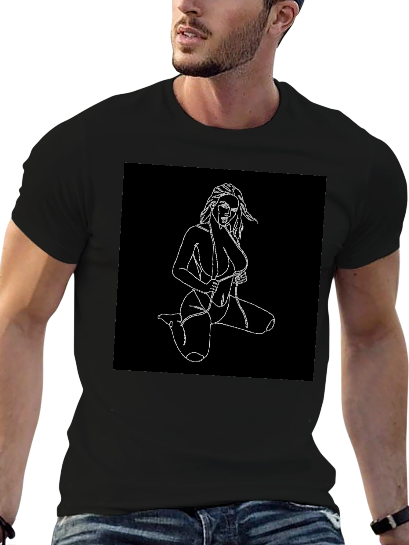 Black T-Shirt with Line Art Woman Design