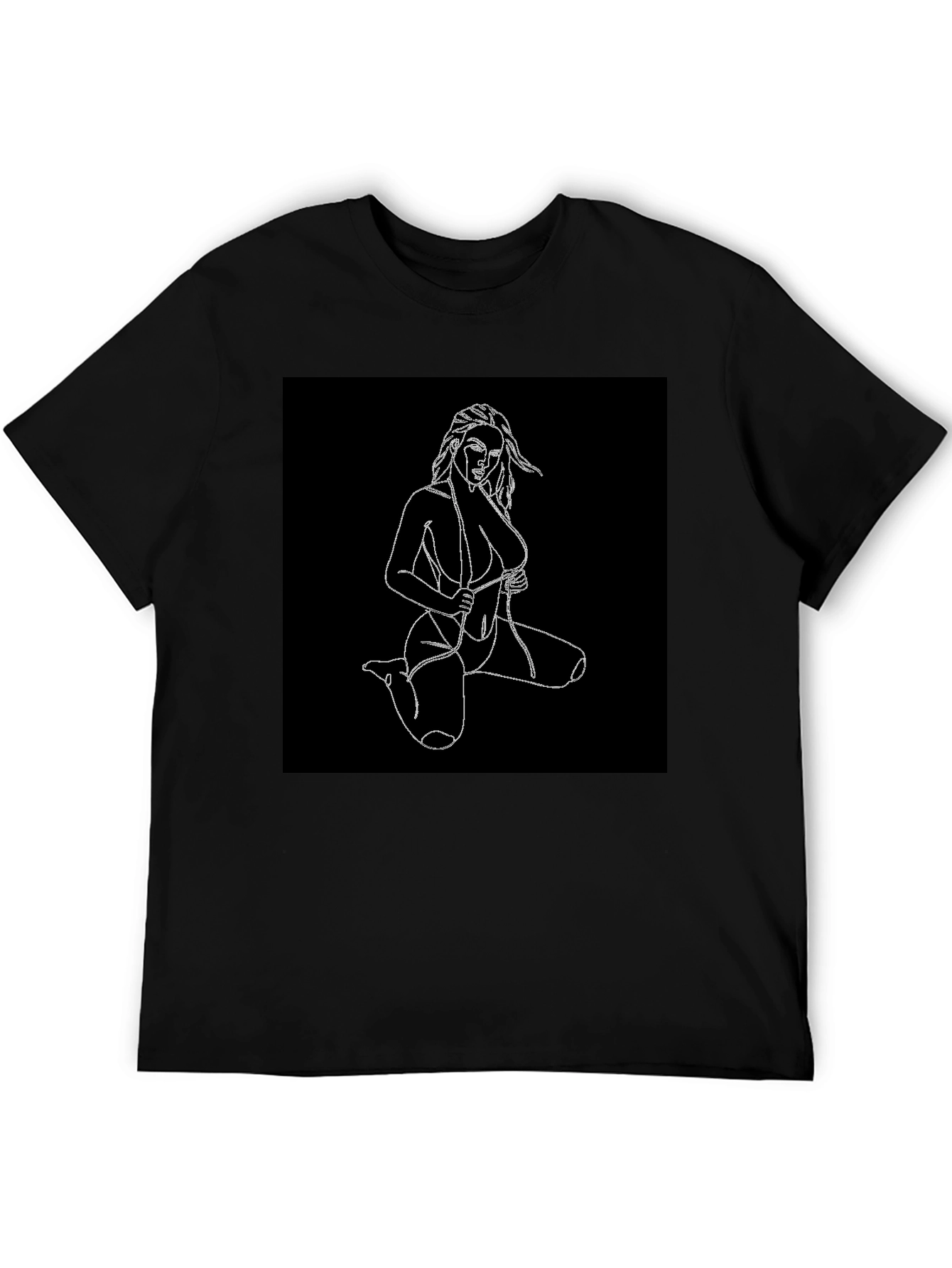 Black T-Shirt with Line Art Woman Design