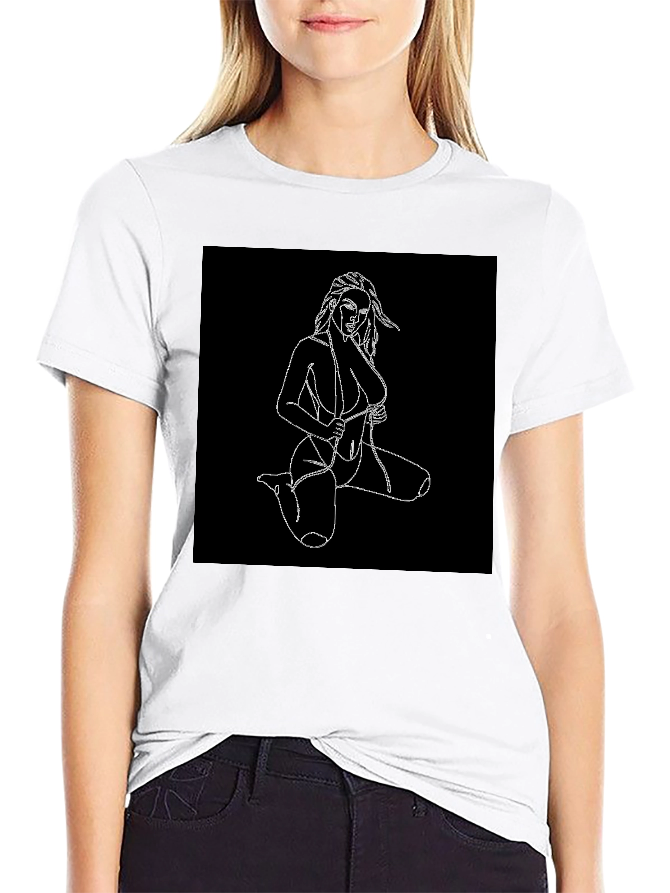 Black T-Shirt with Line Art Woman Design