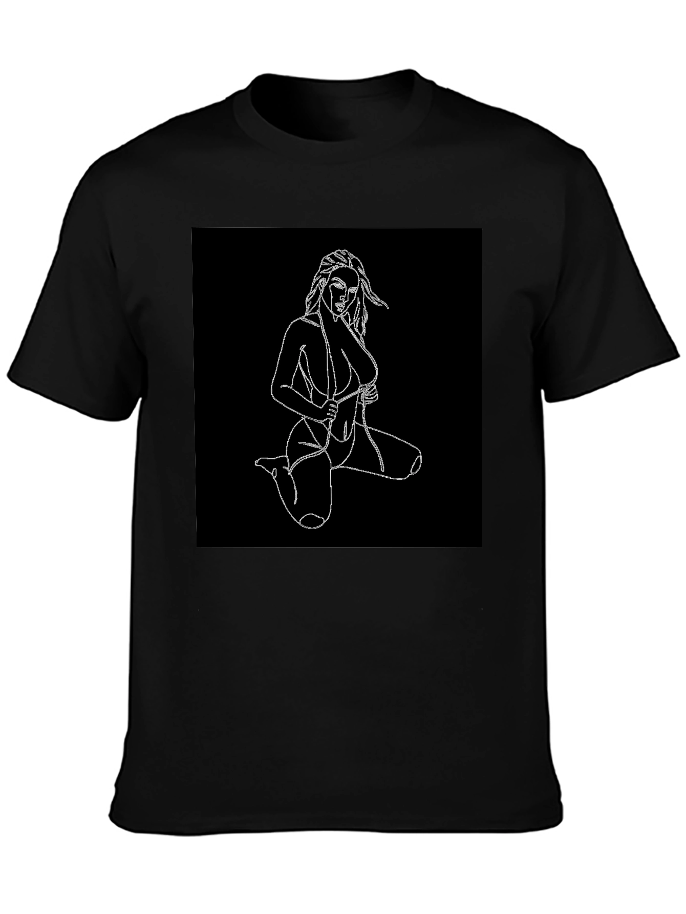 Black T-Shirt with Line Art Woman Design