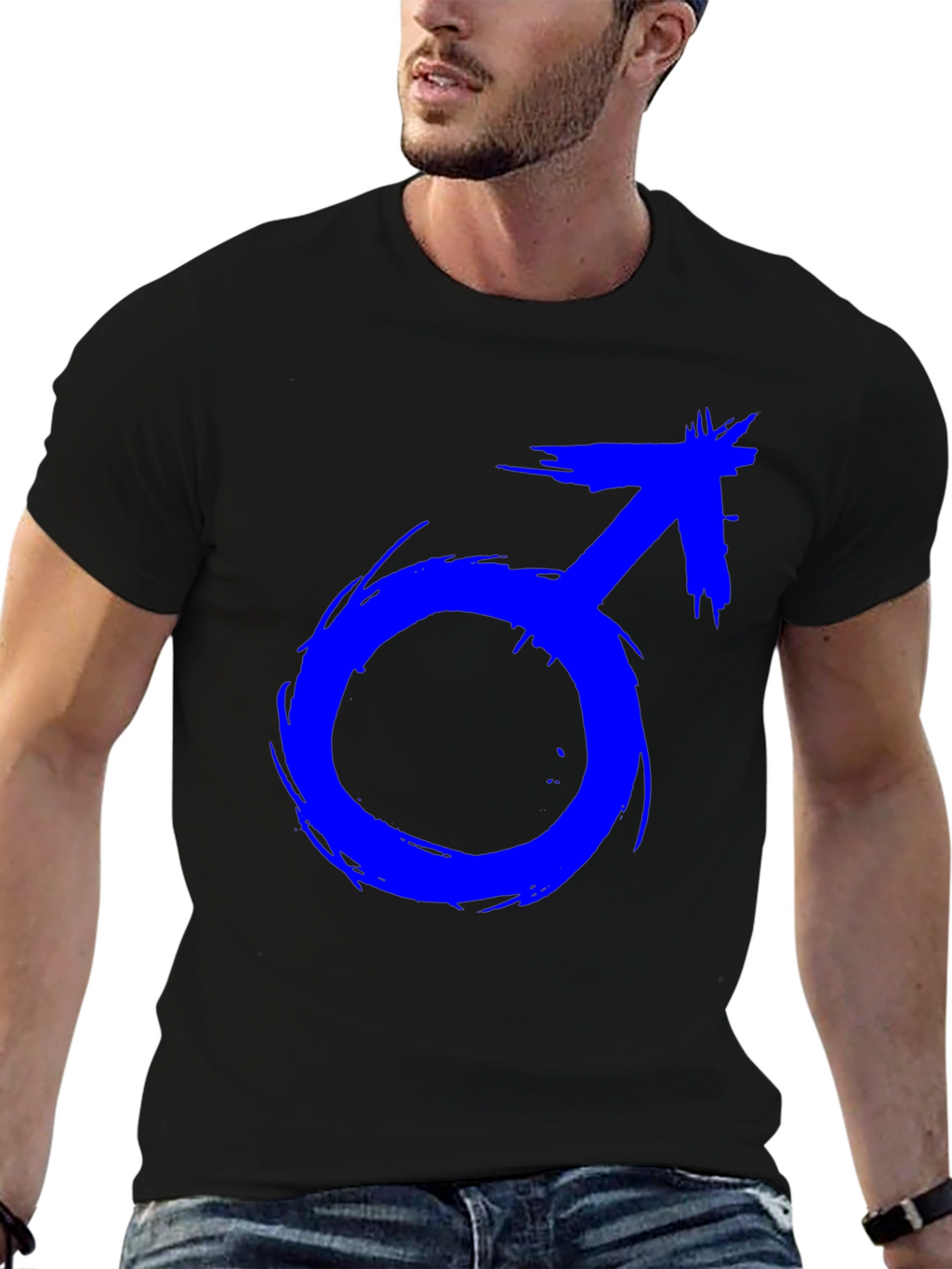 Mens Black T-Shirt with Blue Male Symbol