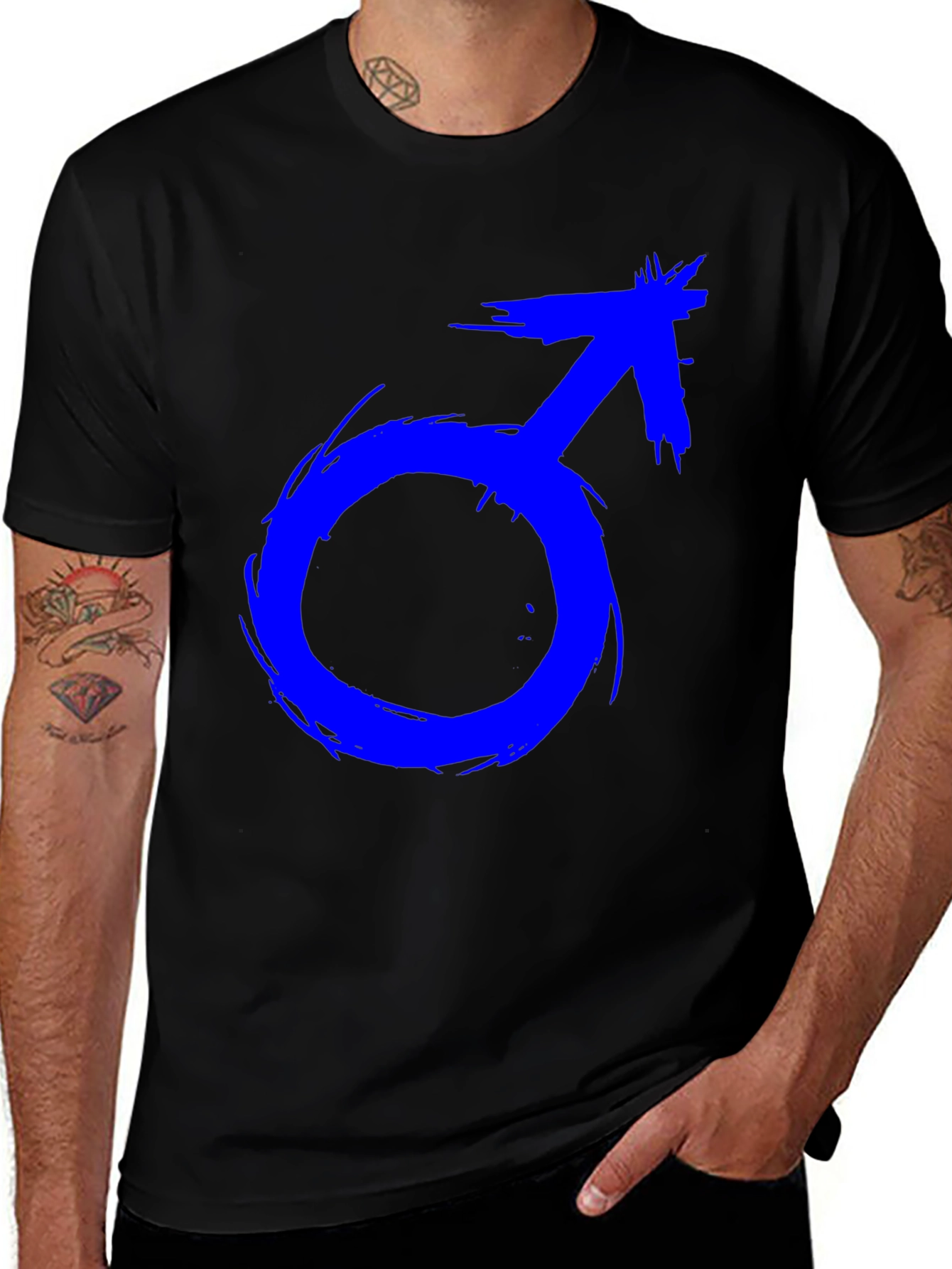 Mens Black T-Shirt with Blue Male Symbol