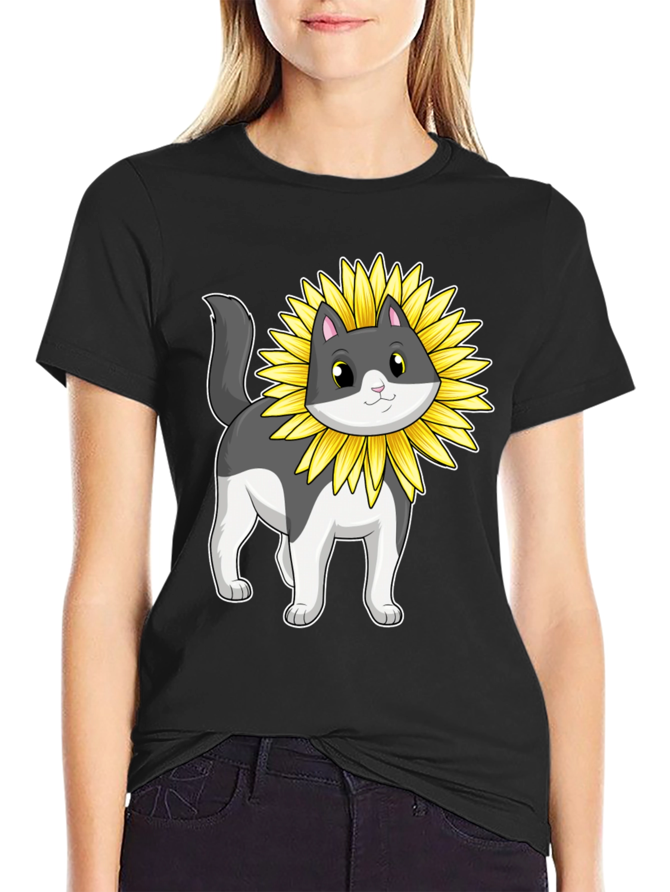 Sunflower Cat Graphic T-Shirt