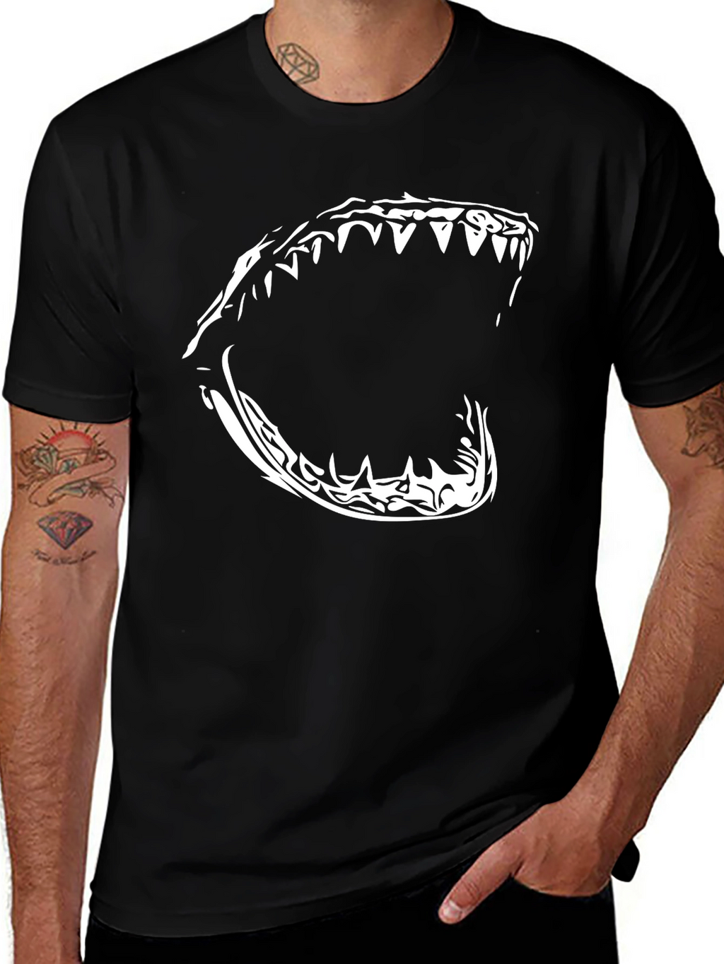 Mens Black T-Shirt with Shark Jaw Graphic