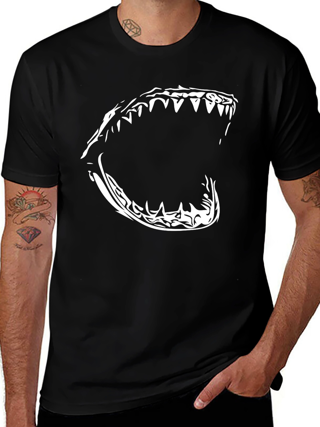 Mens Black T-Shirt with Shark Jaw Graphic