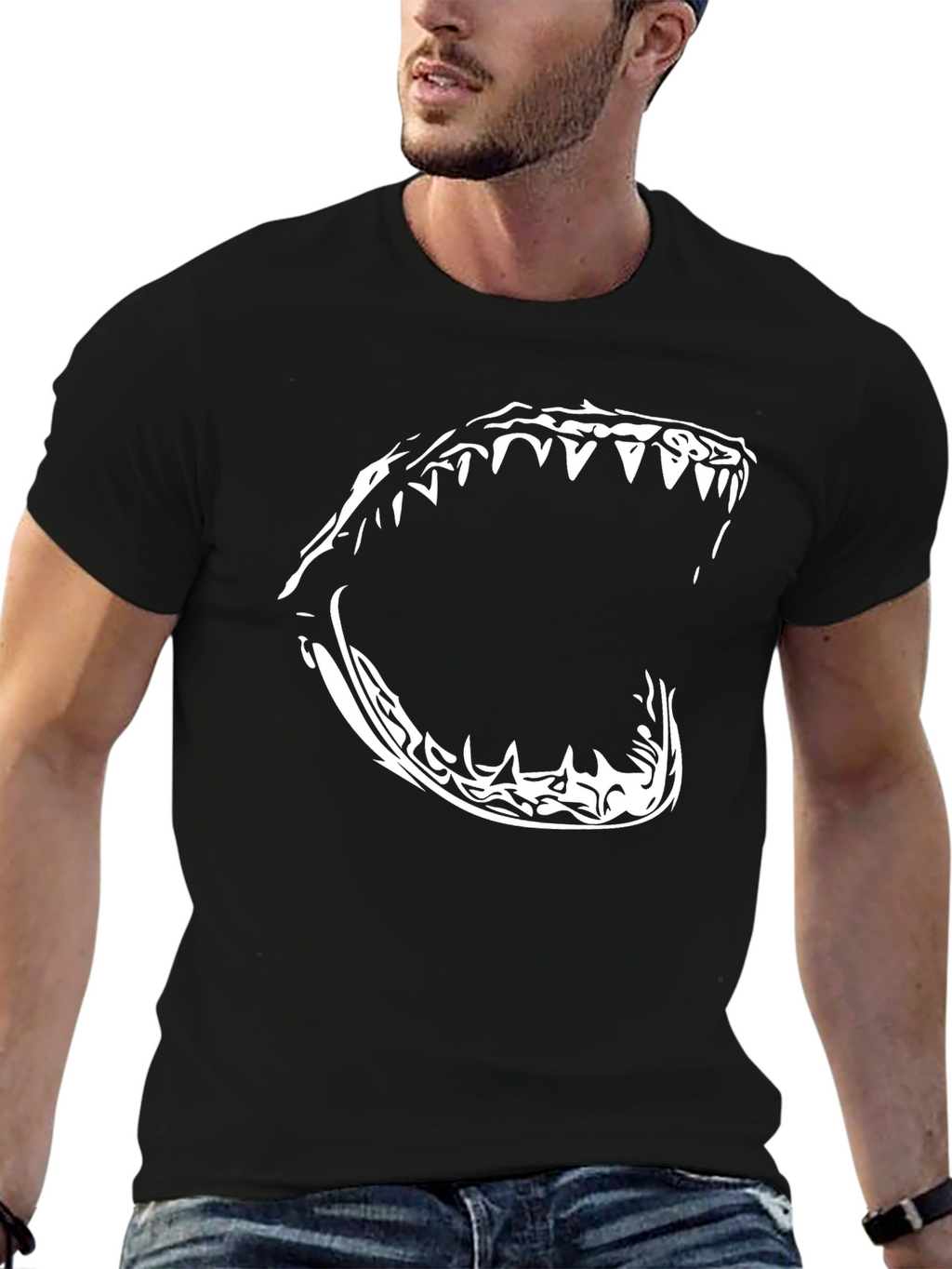 Mens Black T-Shirt with Shark Jaw Graphic