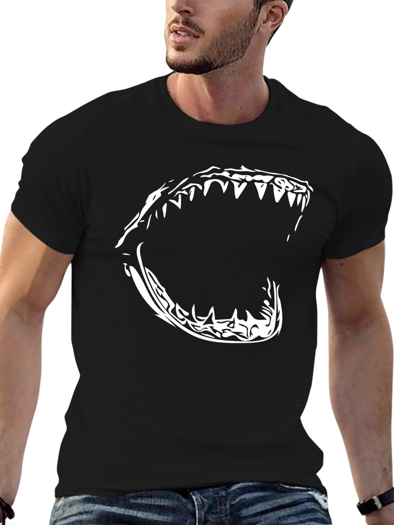 Mens Black T-Shirt with Shark Jaw Graphic